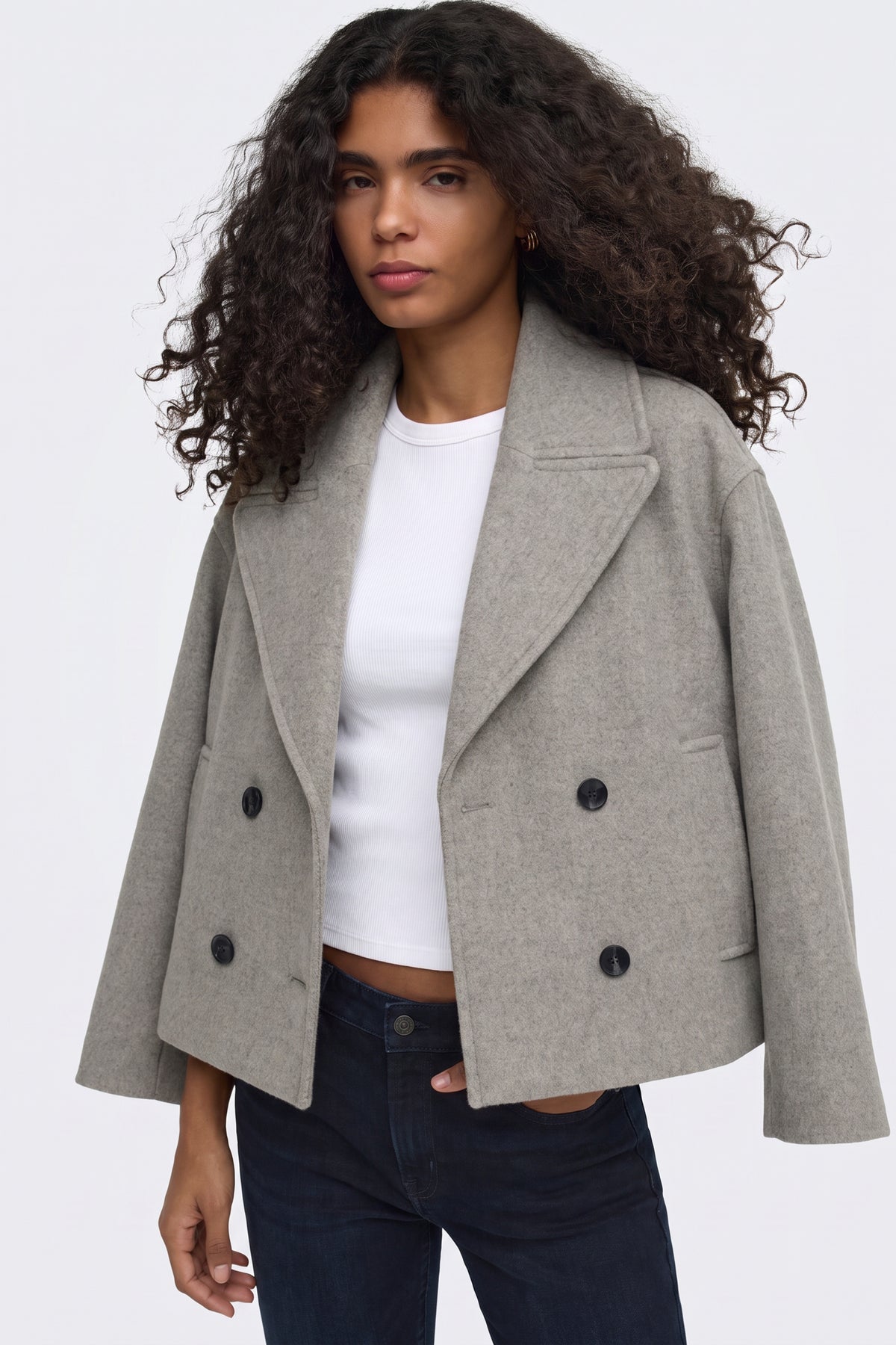 Light grey Wool Coat Short Double Breasted Women