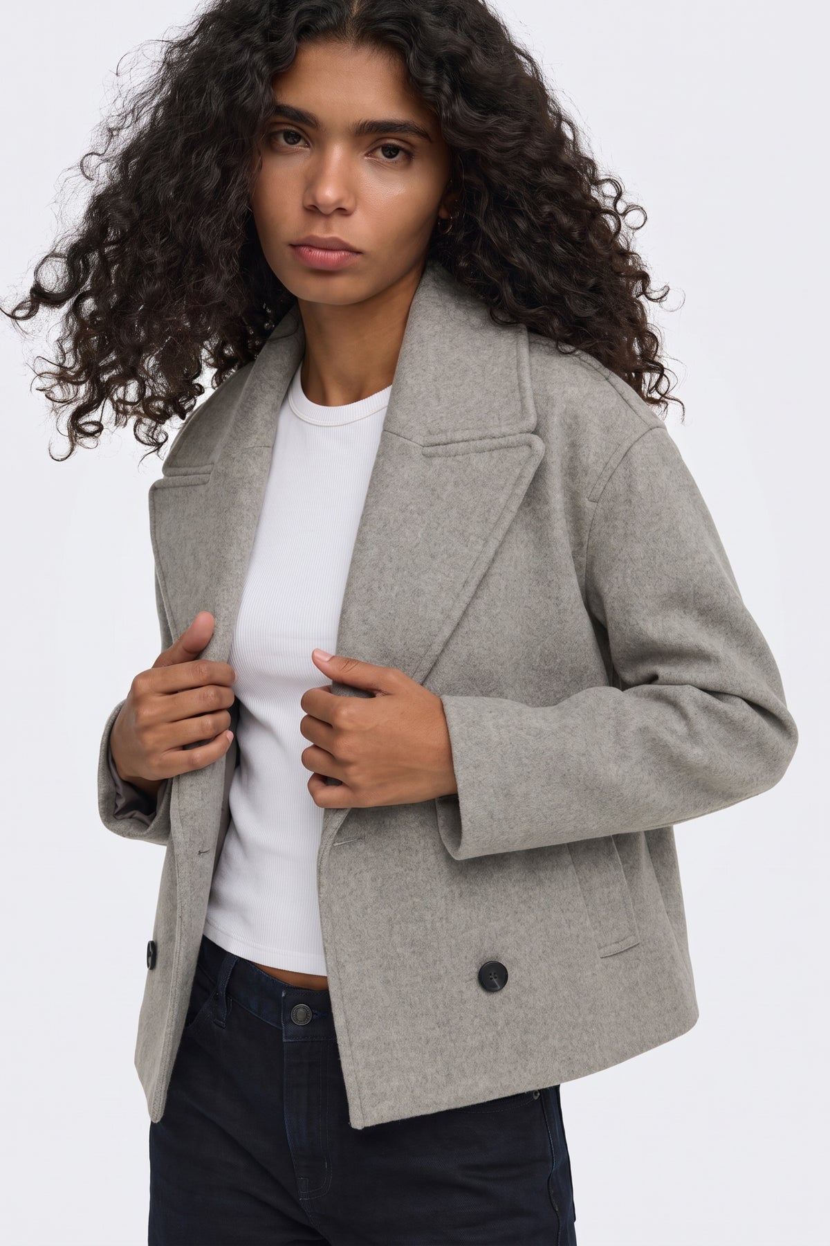 Light grey Wool Coat Short Double Breasted Women