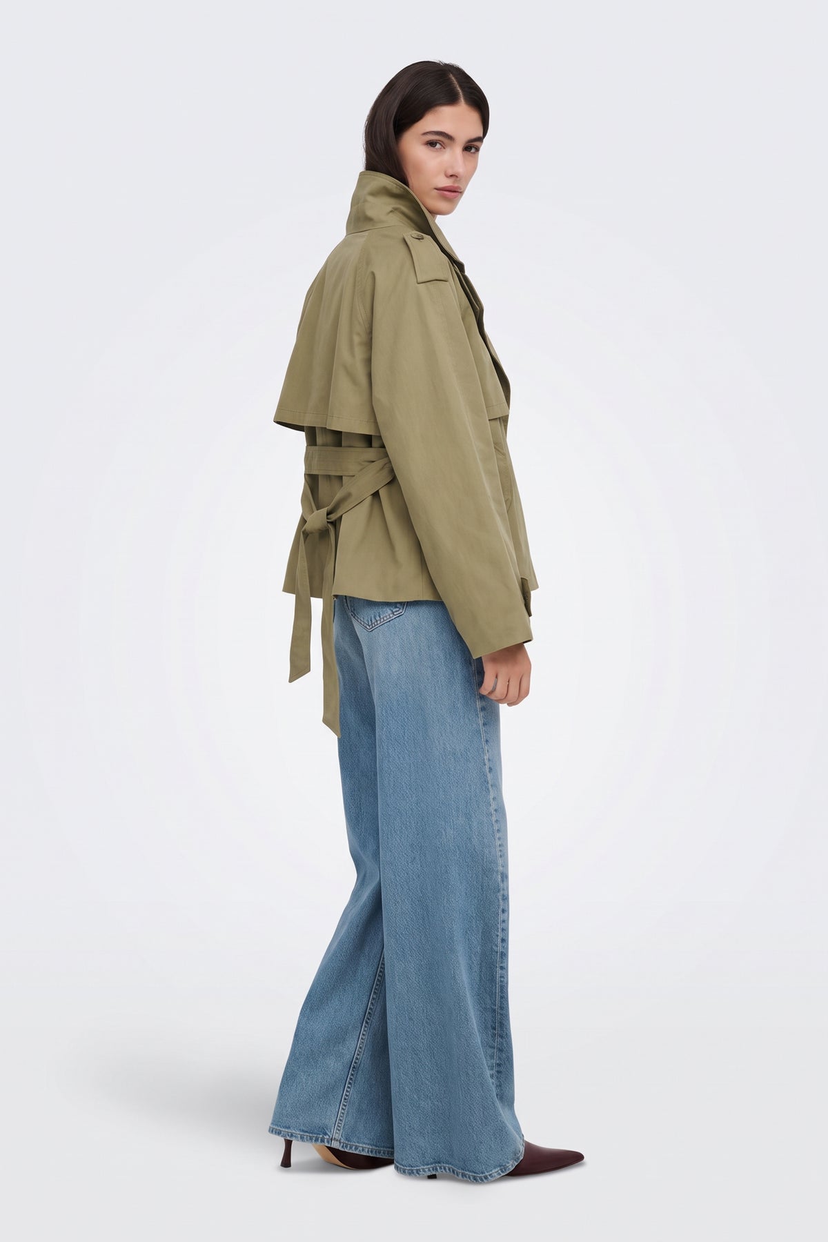 Khaki Trench Jacket Short Belted Olive side view on model