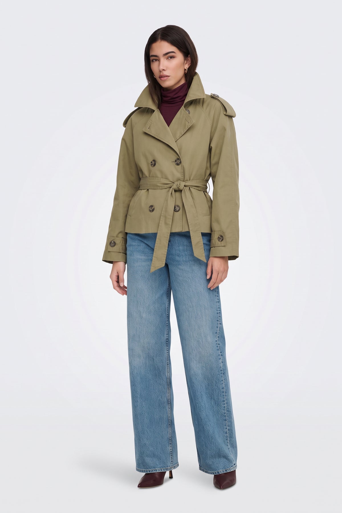 Khaki Trench Jacket Short Belted Olive full length on model