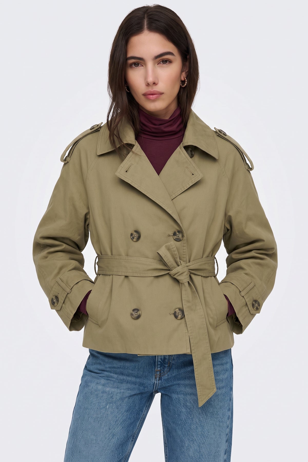 Khaki Trench Jacket Short Belted Olive worn on model