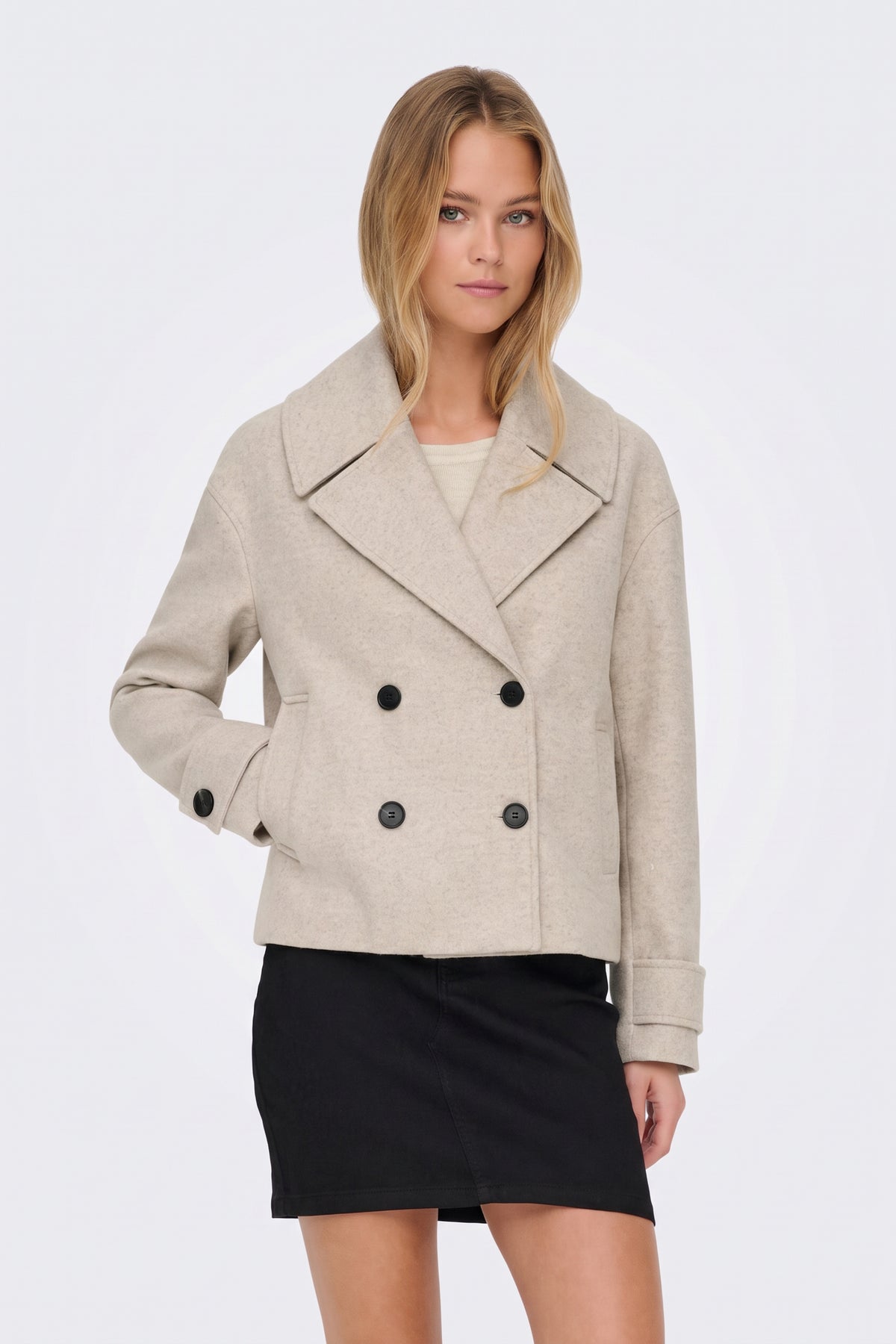 Beige Wool Coat Short Double Breasted Women
