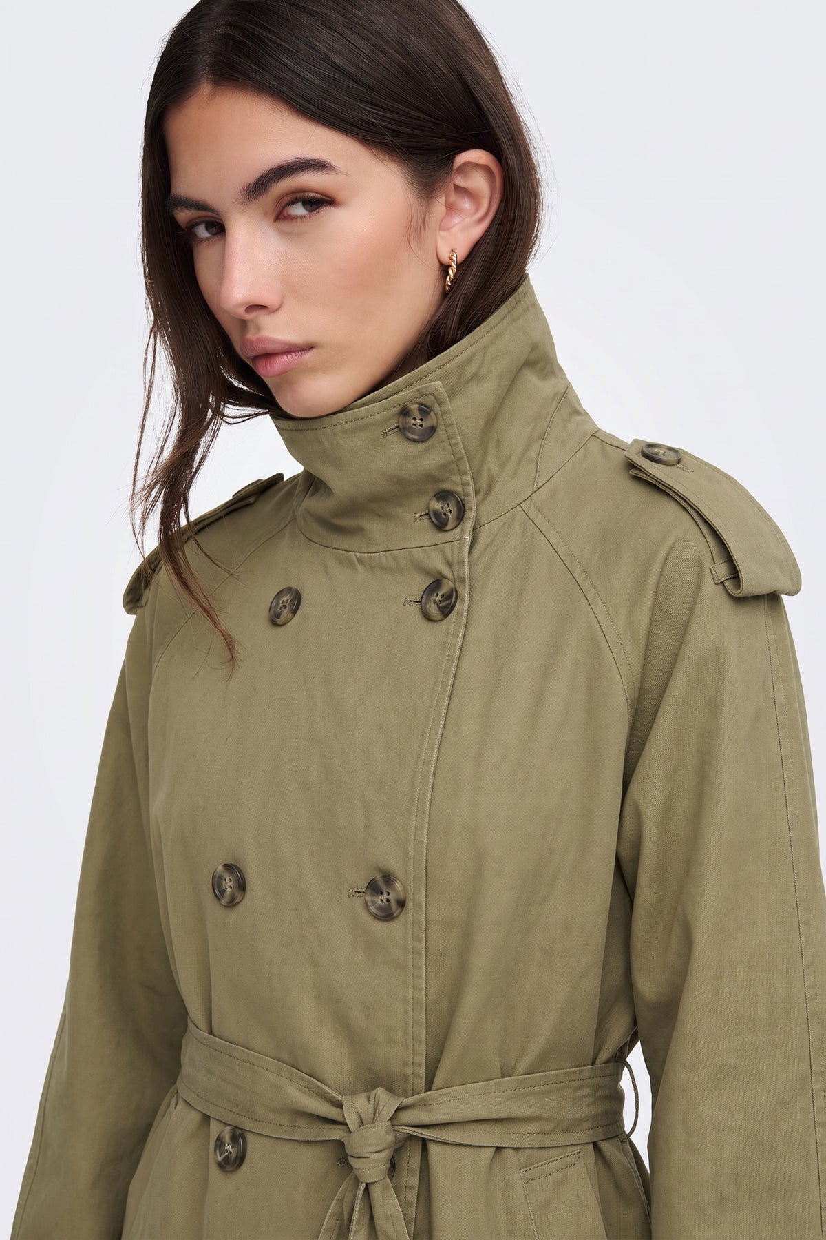 Khaki Trench Jacket Short Belted Olive fabric and fastening detail