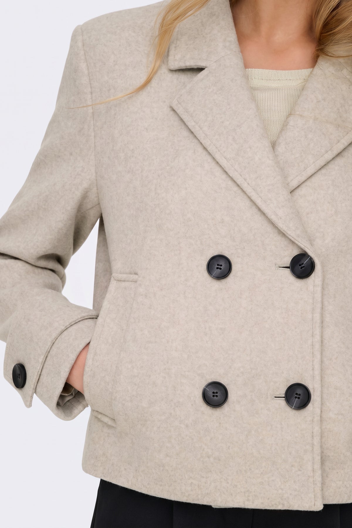 Beige Wool Coat Short Double Breasted Women