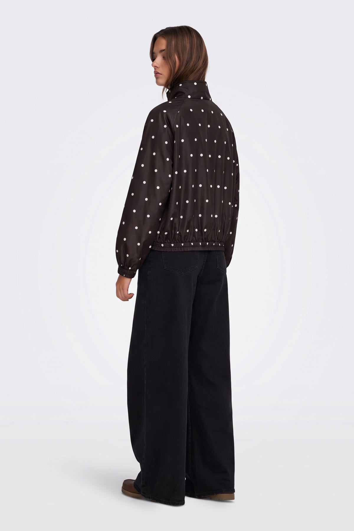 Brown Jacket Polka Dot Funnel Neck side view on model