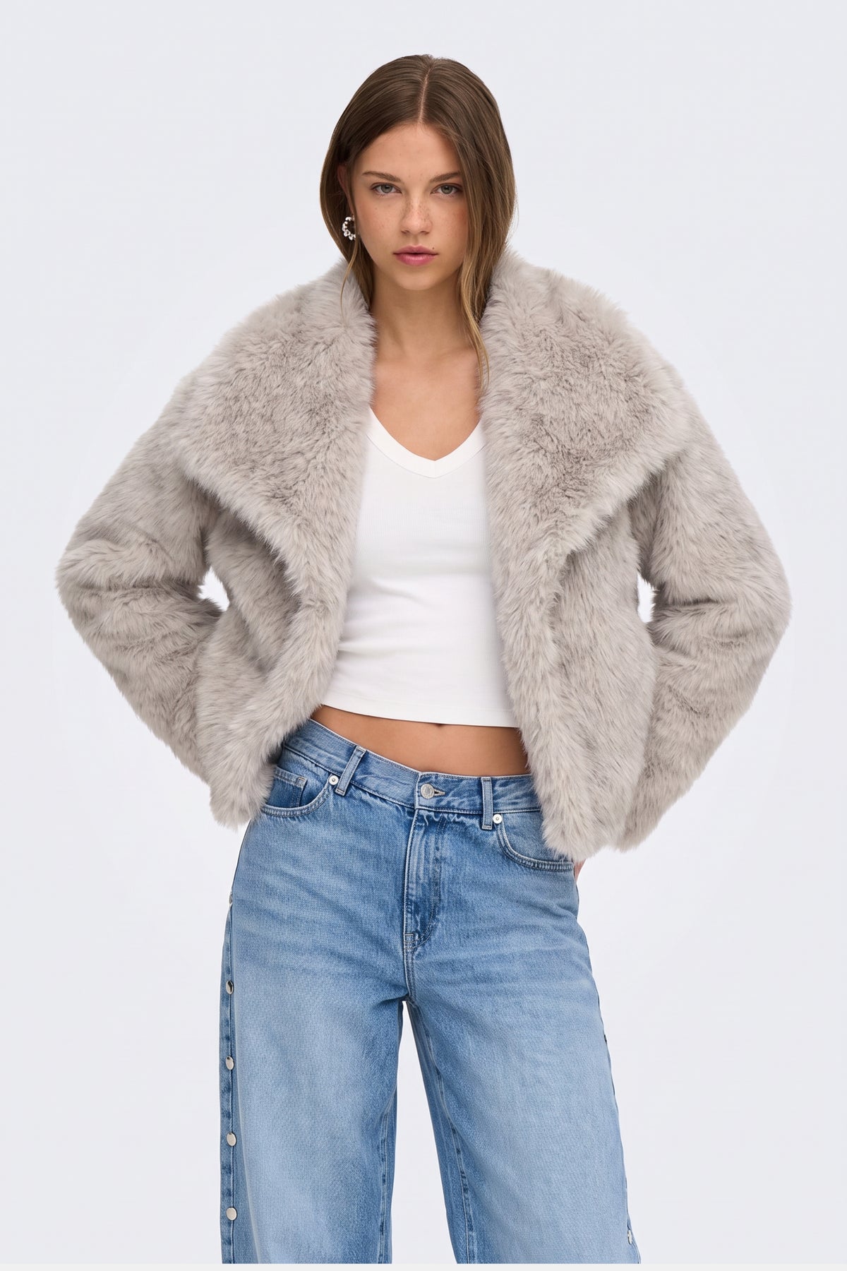 Faux Fur Jacket Grey Cropped Oversized Women