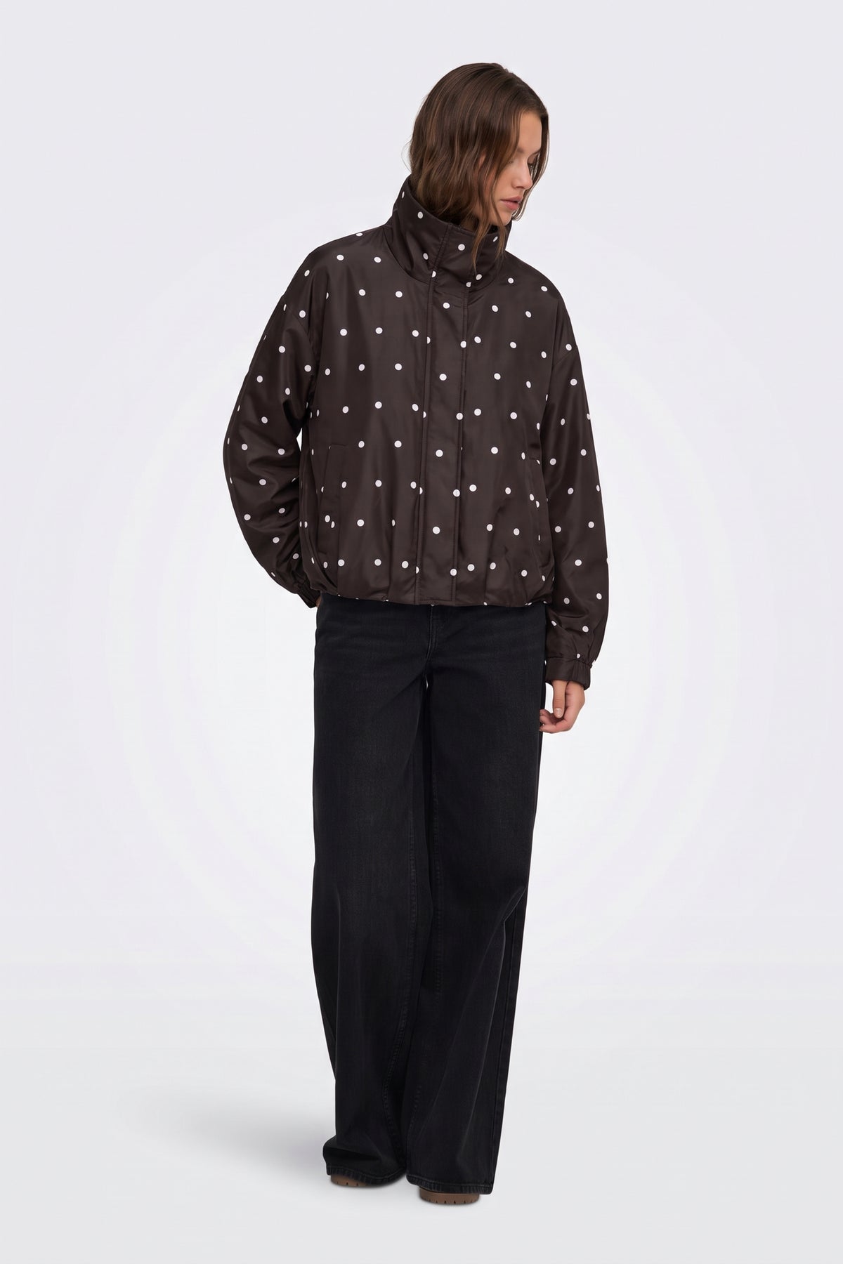 Brown Jacket Polka Dot Funnel Neck back view on model