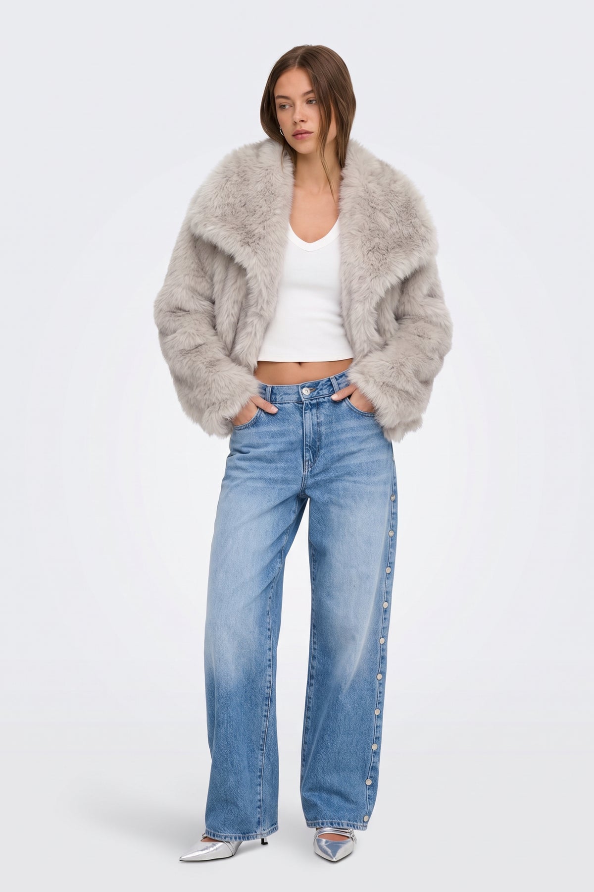 Faux Fur Jacket Grey Cropped Oversized Women