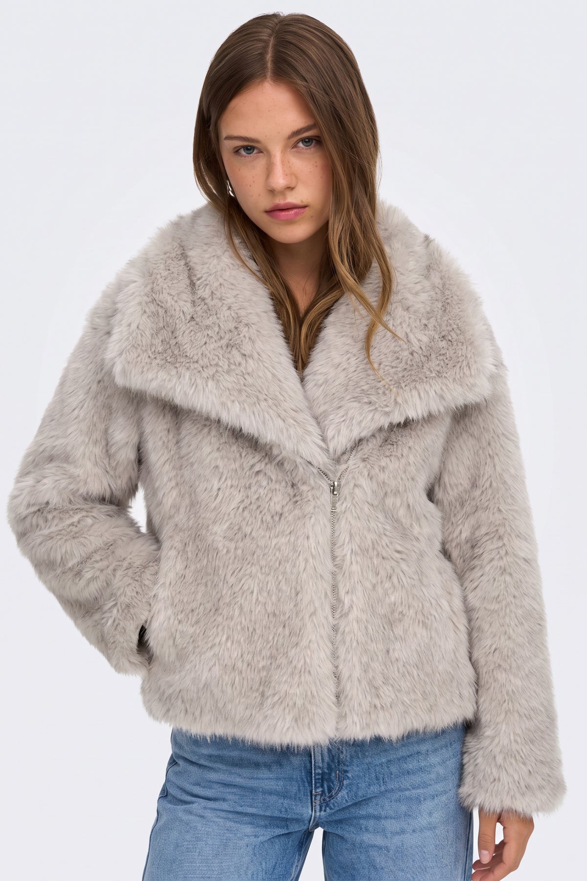 Faux Fur Jacket Grey Cropped Oversized Women