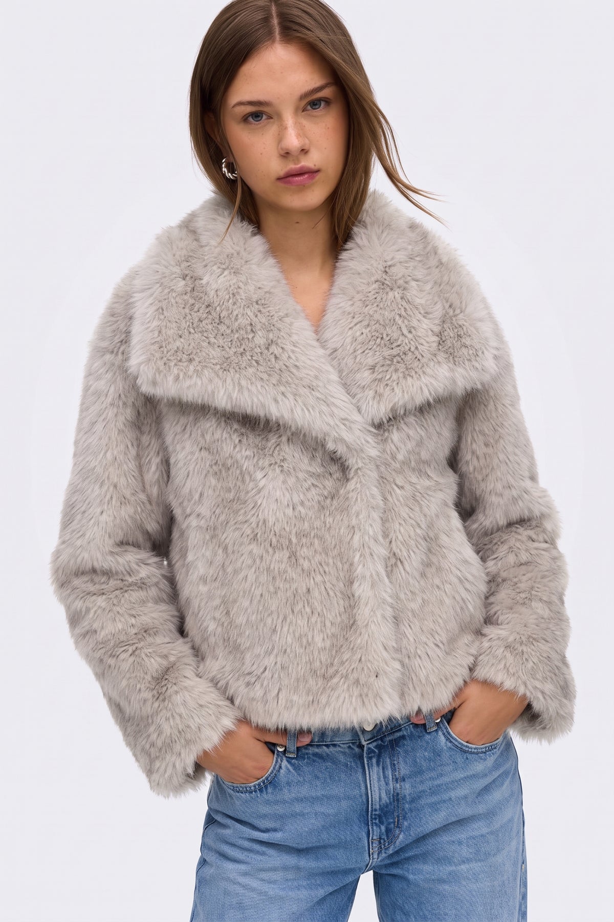 Faux Fur Jacket Grey Cropped Oversized Women