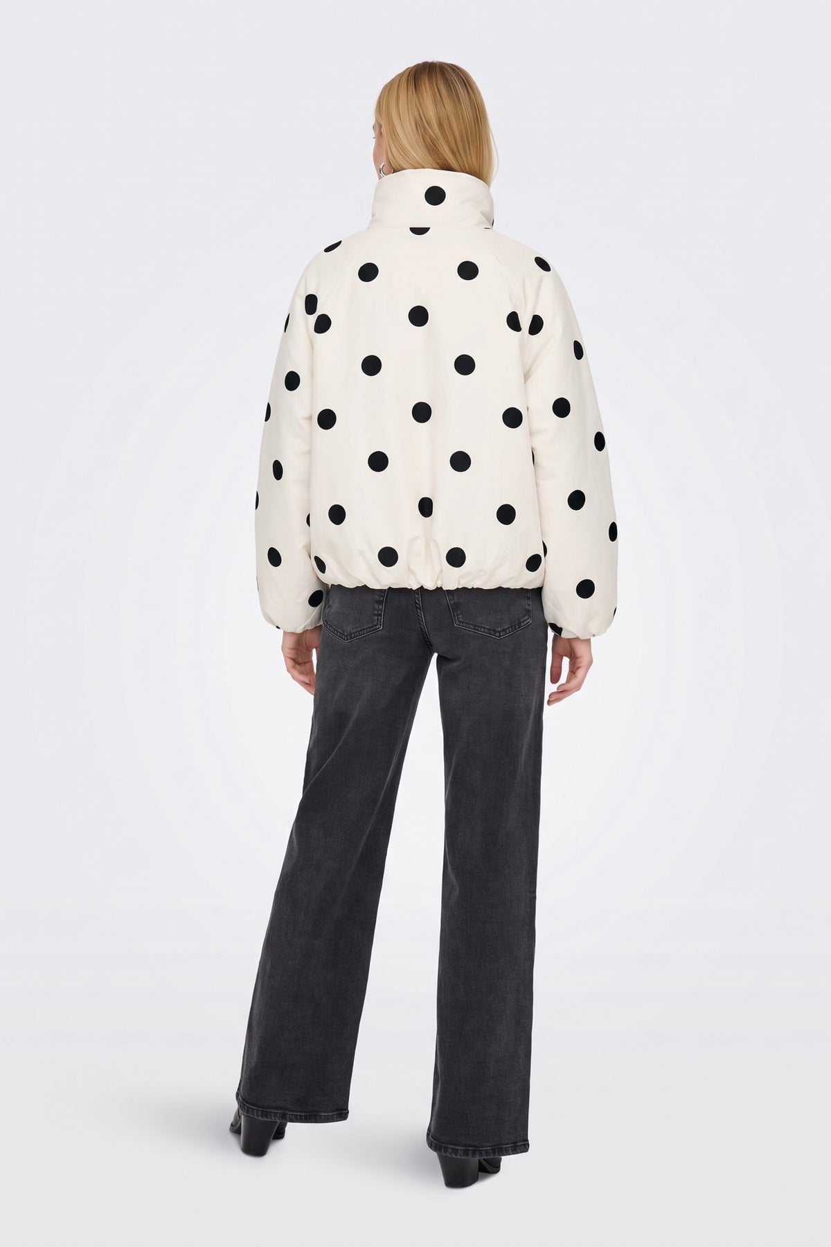Cream Jacket Polka Dot Funnel Neck side view on model