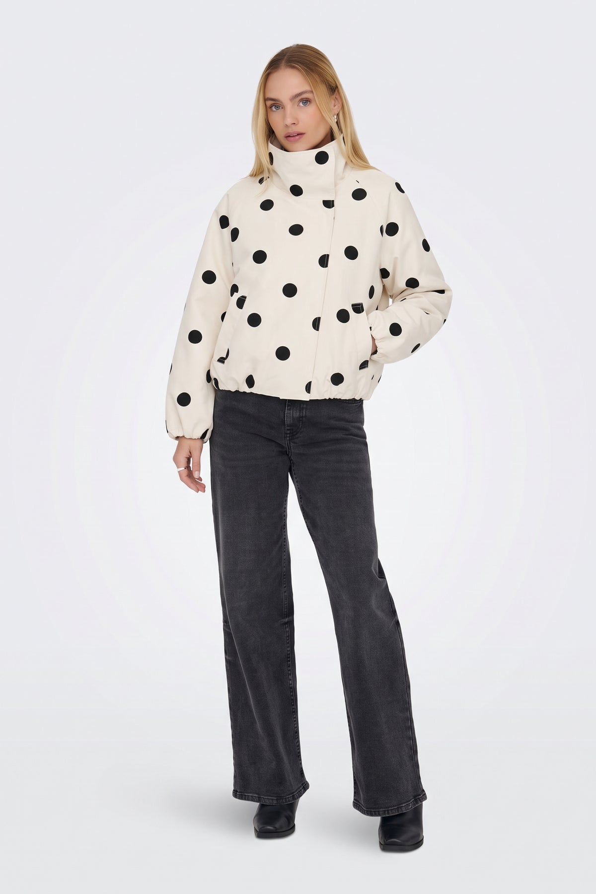 Cream Jacket Polka Dot Funnel Neck back view on model