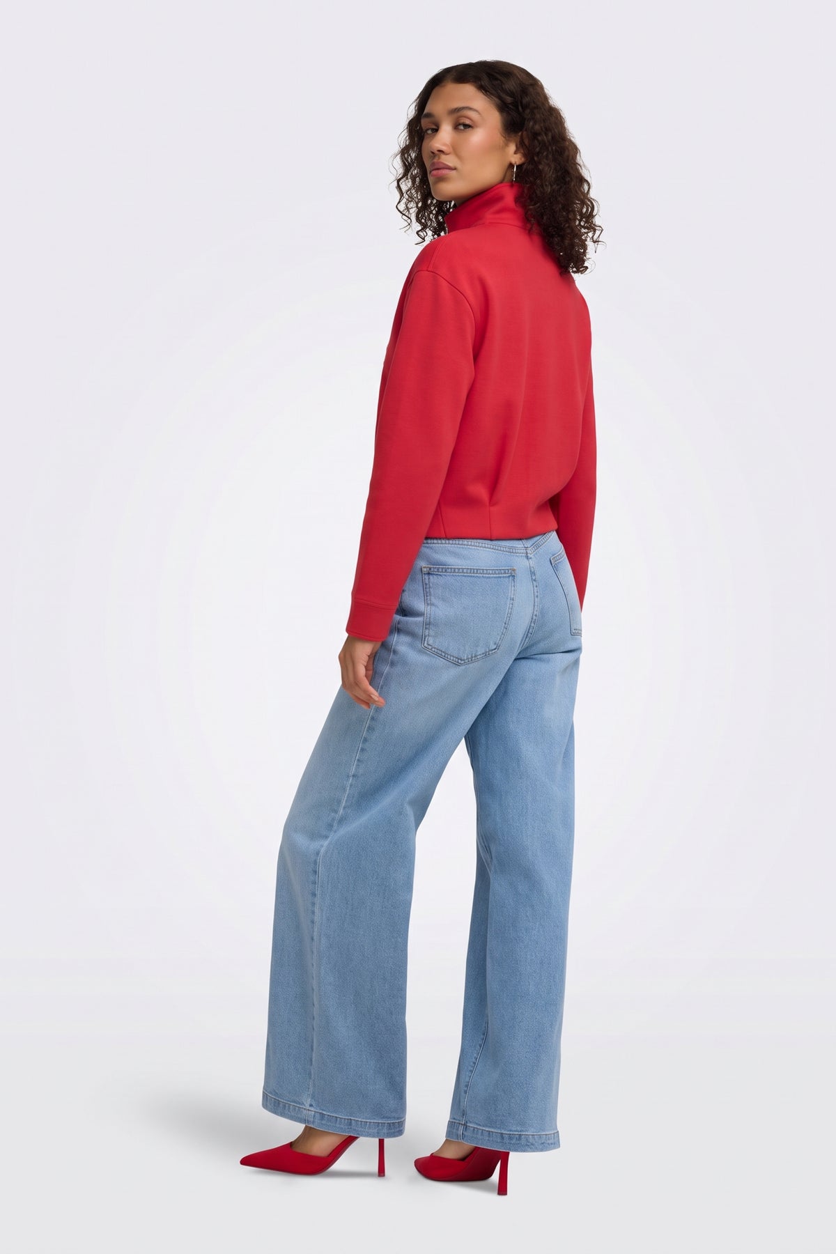 Red Zip Jacket Funnel Neck Cropped side view on model