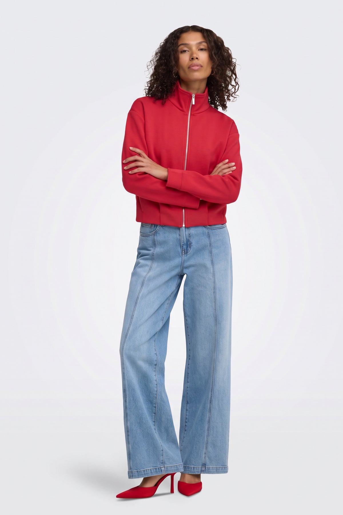 Red Zip Jacket Funnel Neck Cropped full length on model