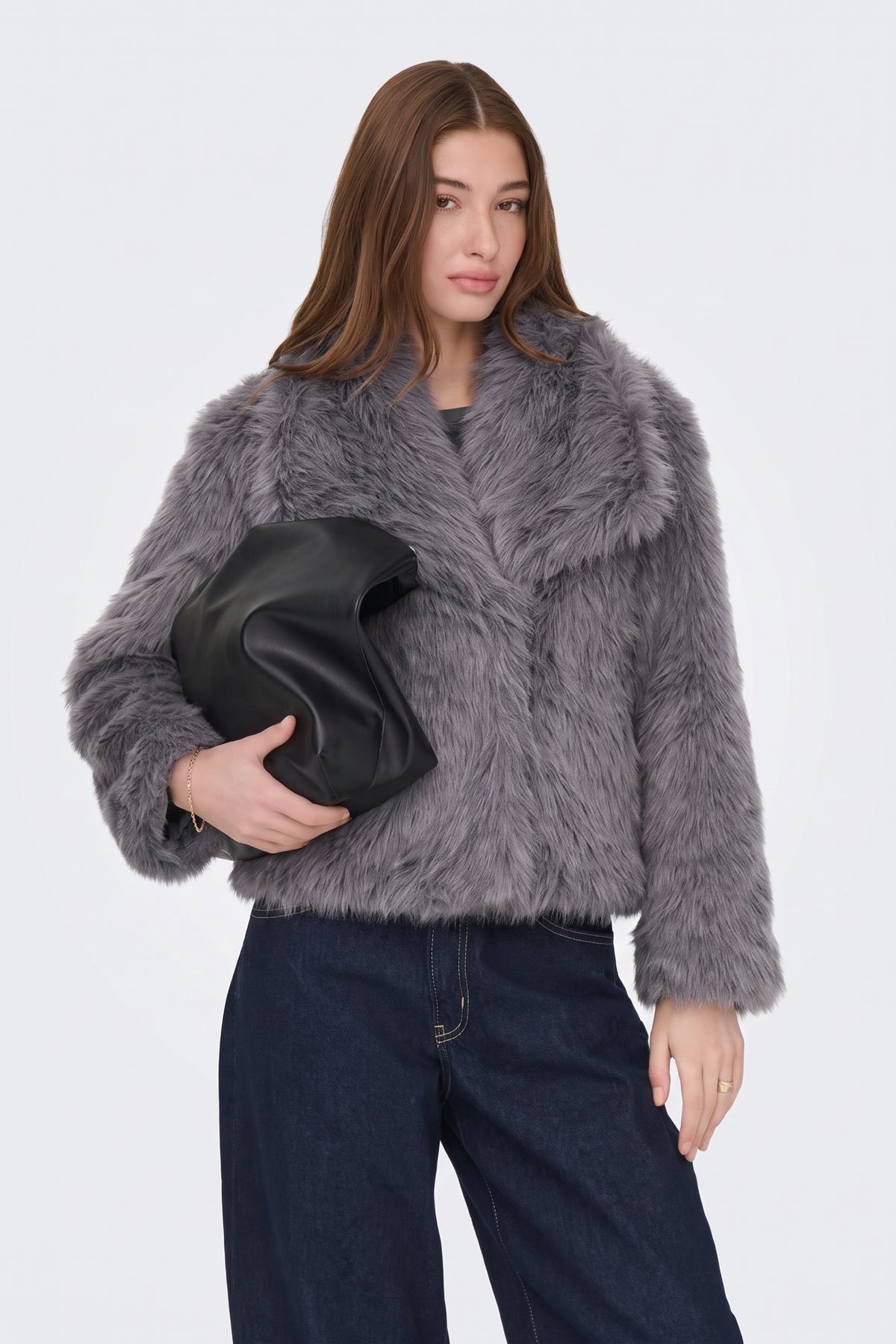 Faux Fur Jacket Grey Cropped Oversized Women