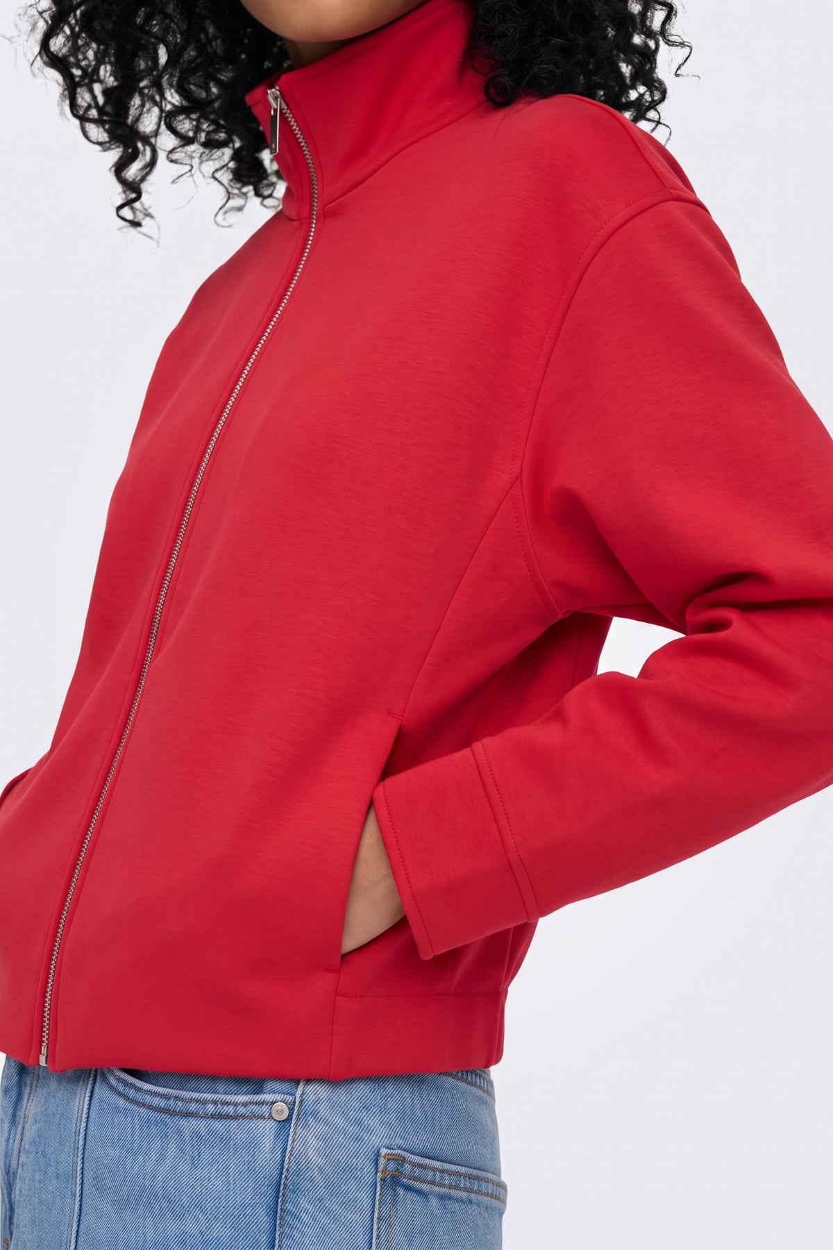 Red Zip Jacket Funnel Neck Cropped fabric and fastening detail