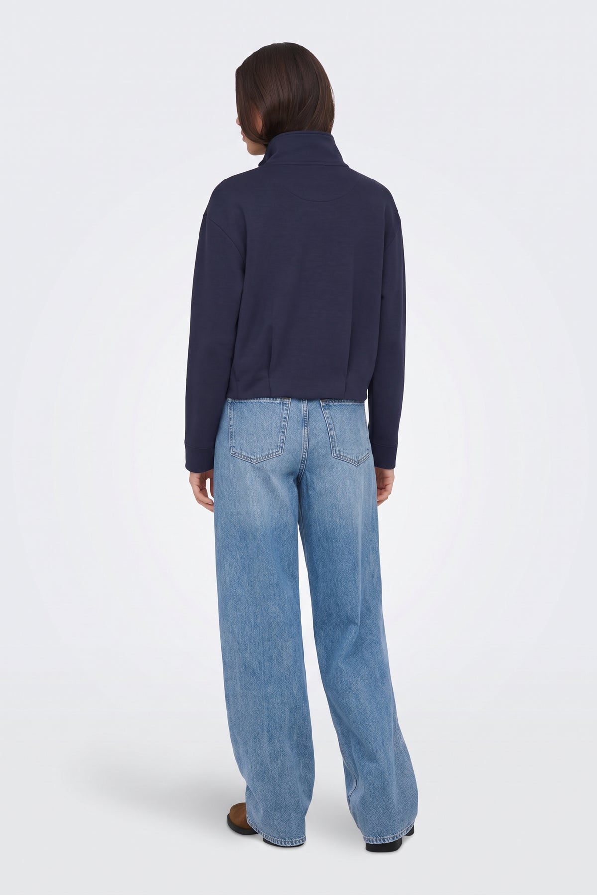 Navy Zip Jacket Funnel Neck Cropped side view on model