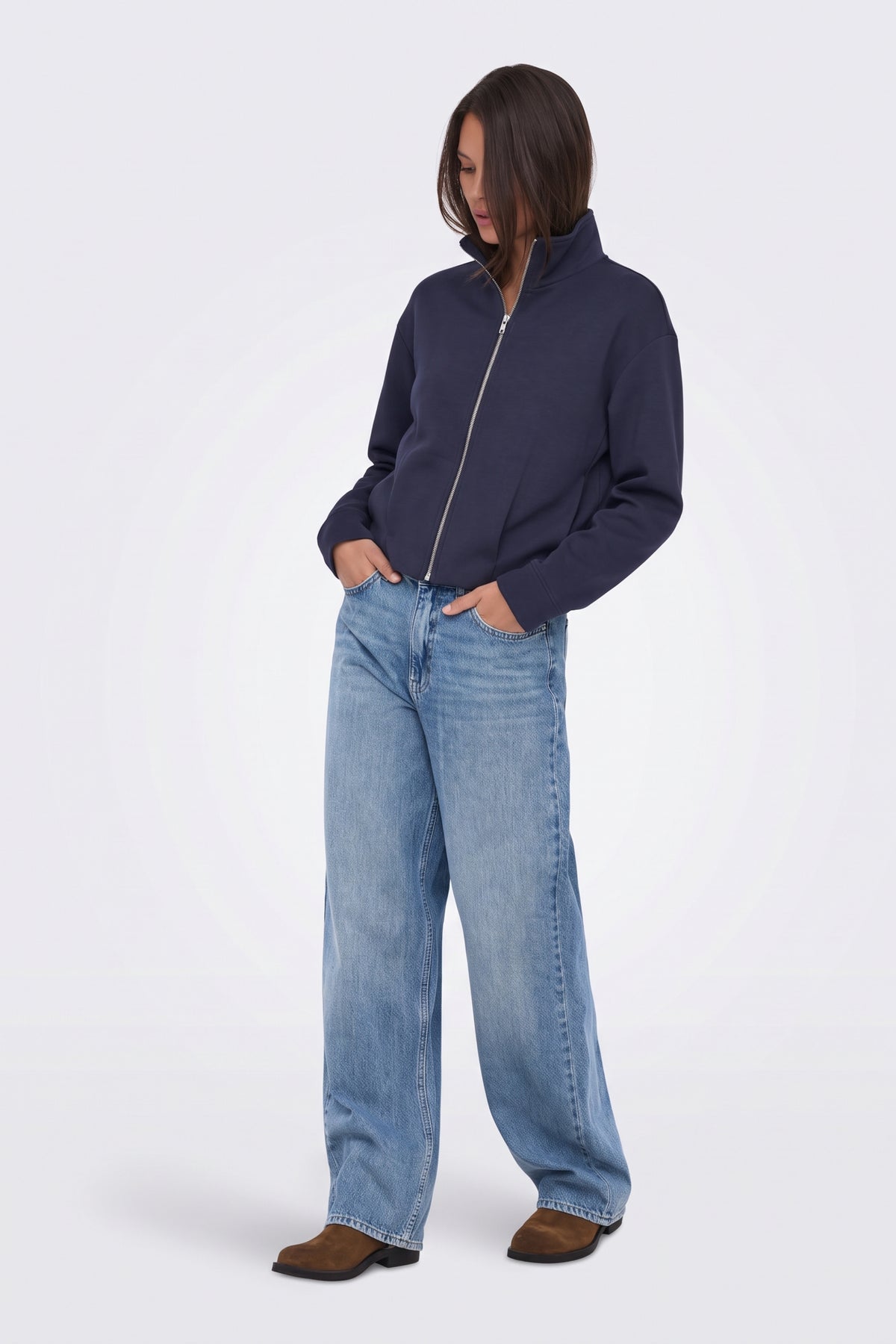 Navy Zip Jacket Funnel Neck Cropped full length on model