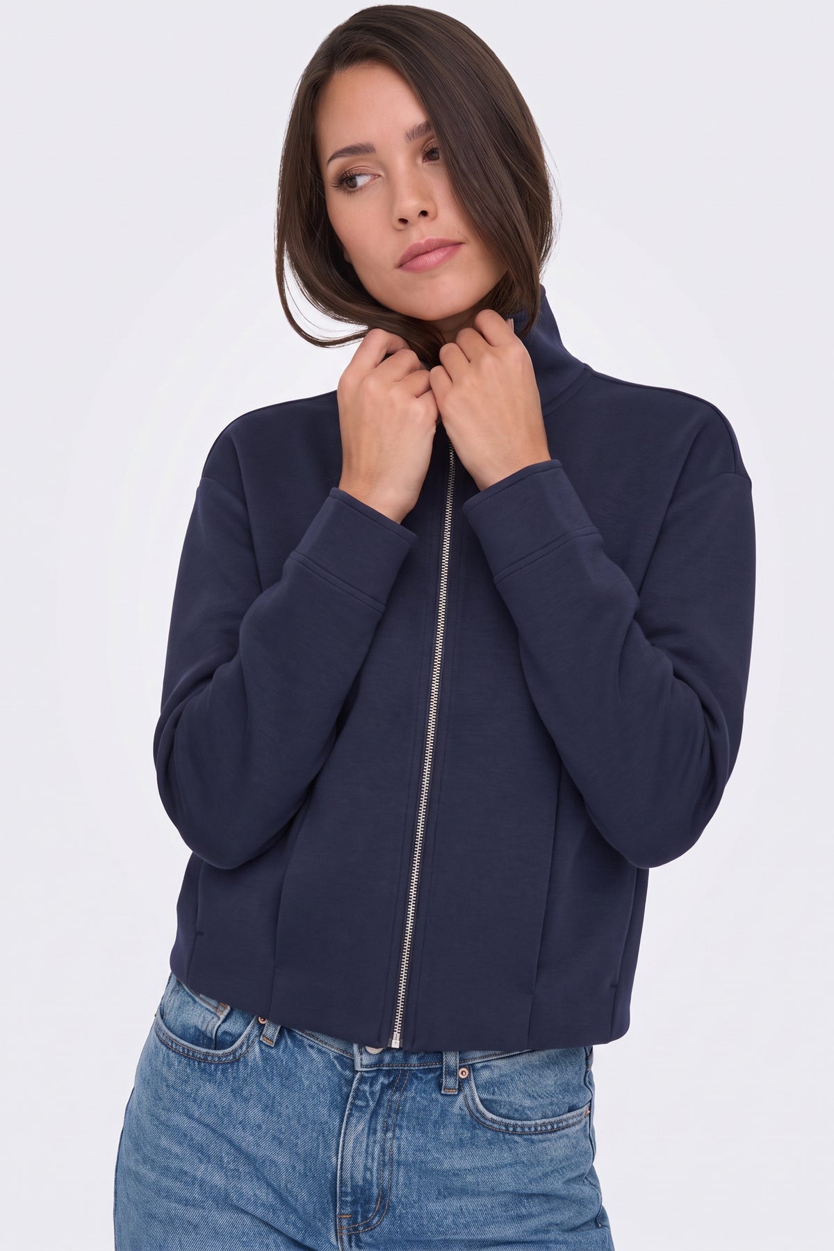 Navy Zip Jacket Funnel Neck Cropped worn on model