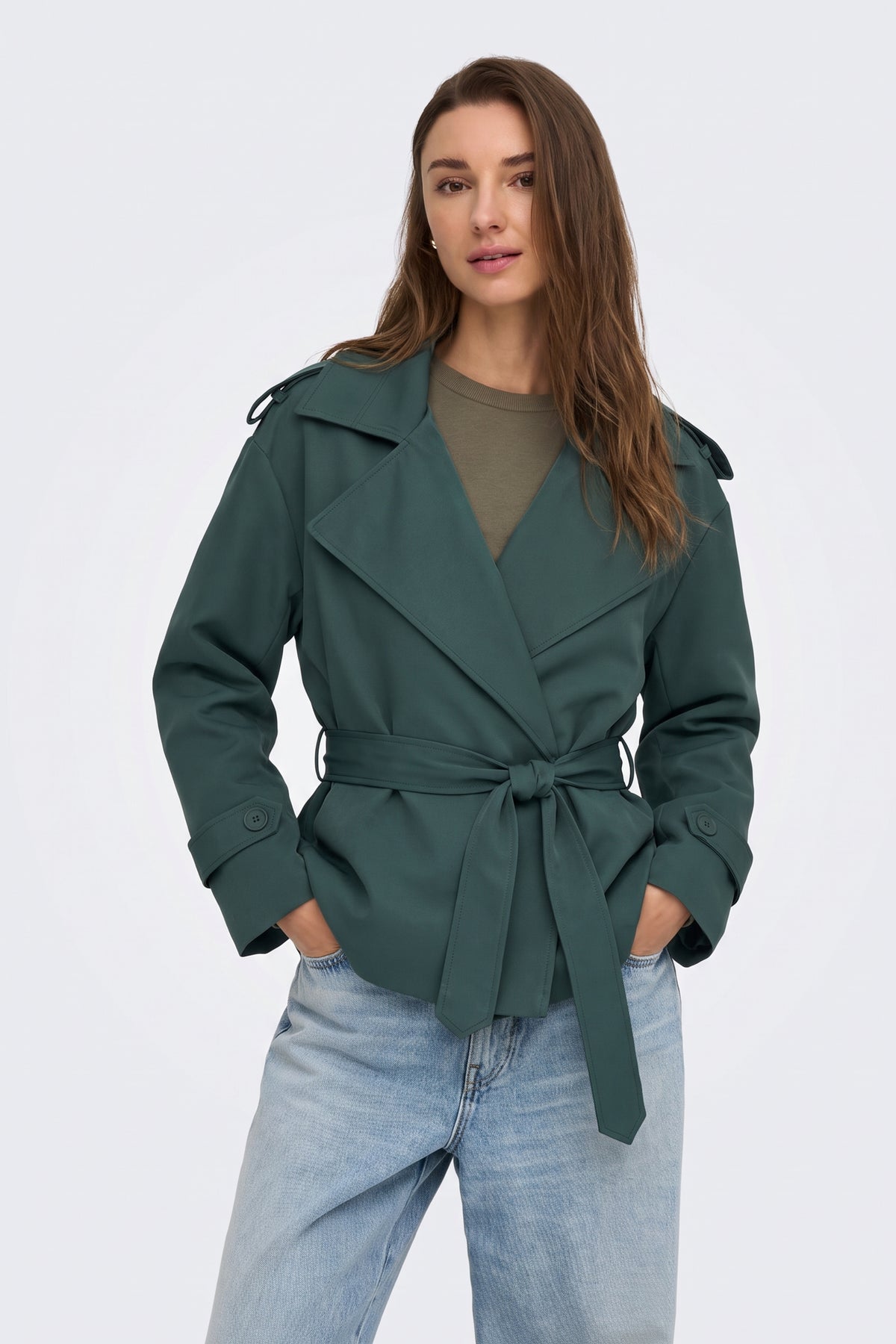 Green short belted trench jacket on model, front view