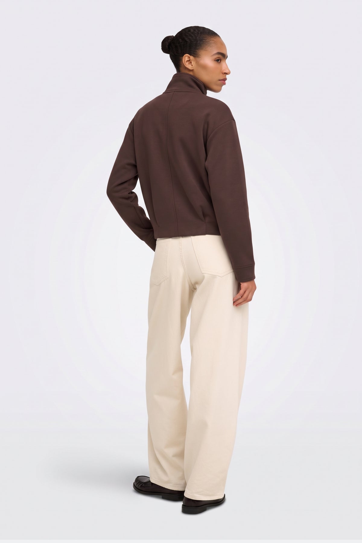 Brown Zip Jacket Funnel Neck Cropped side view on model