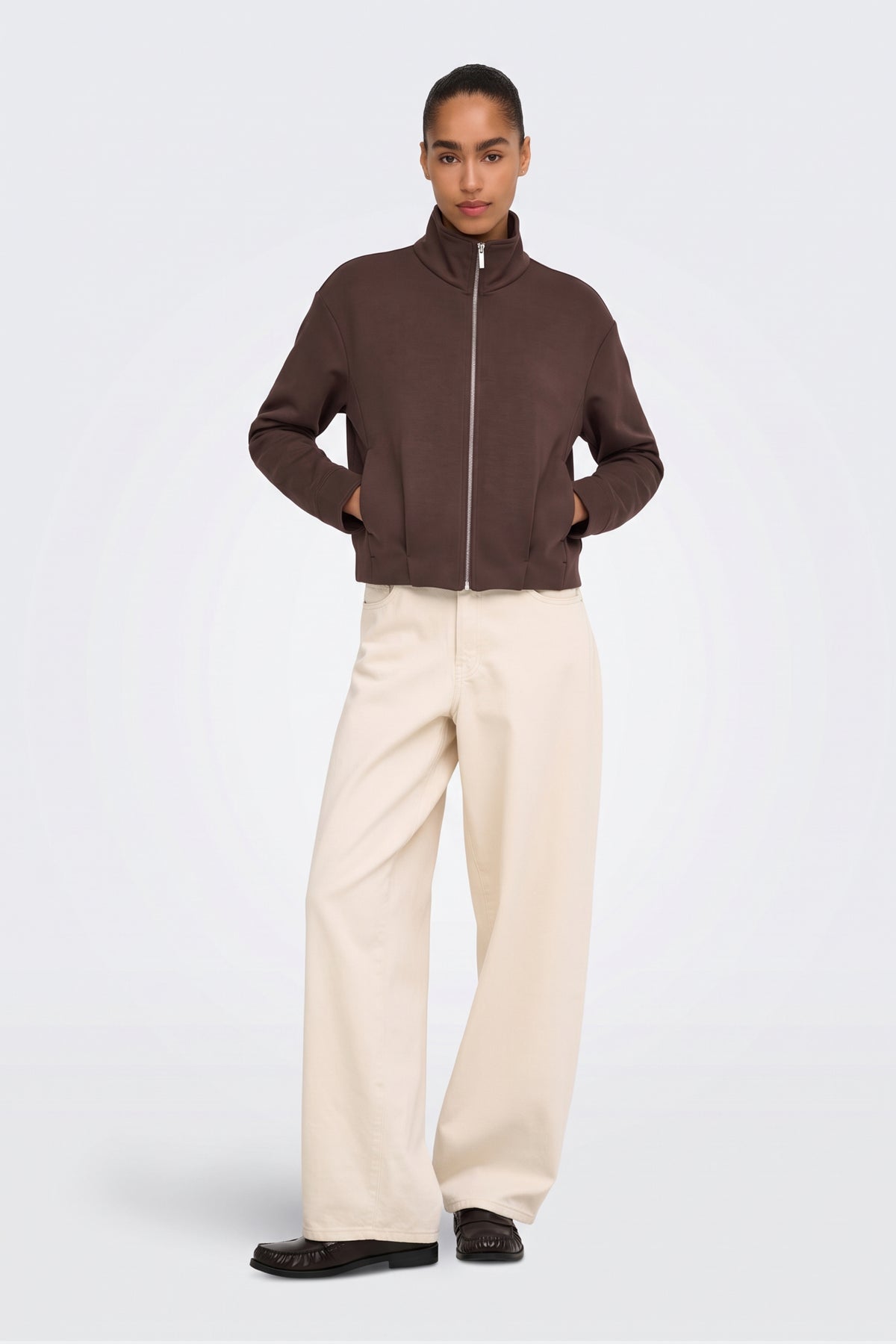 Brown Zip Jacket Funnel Neck Cropped full length on model