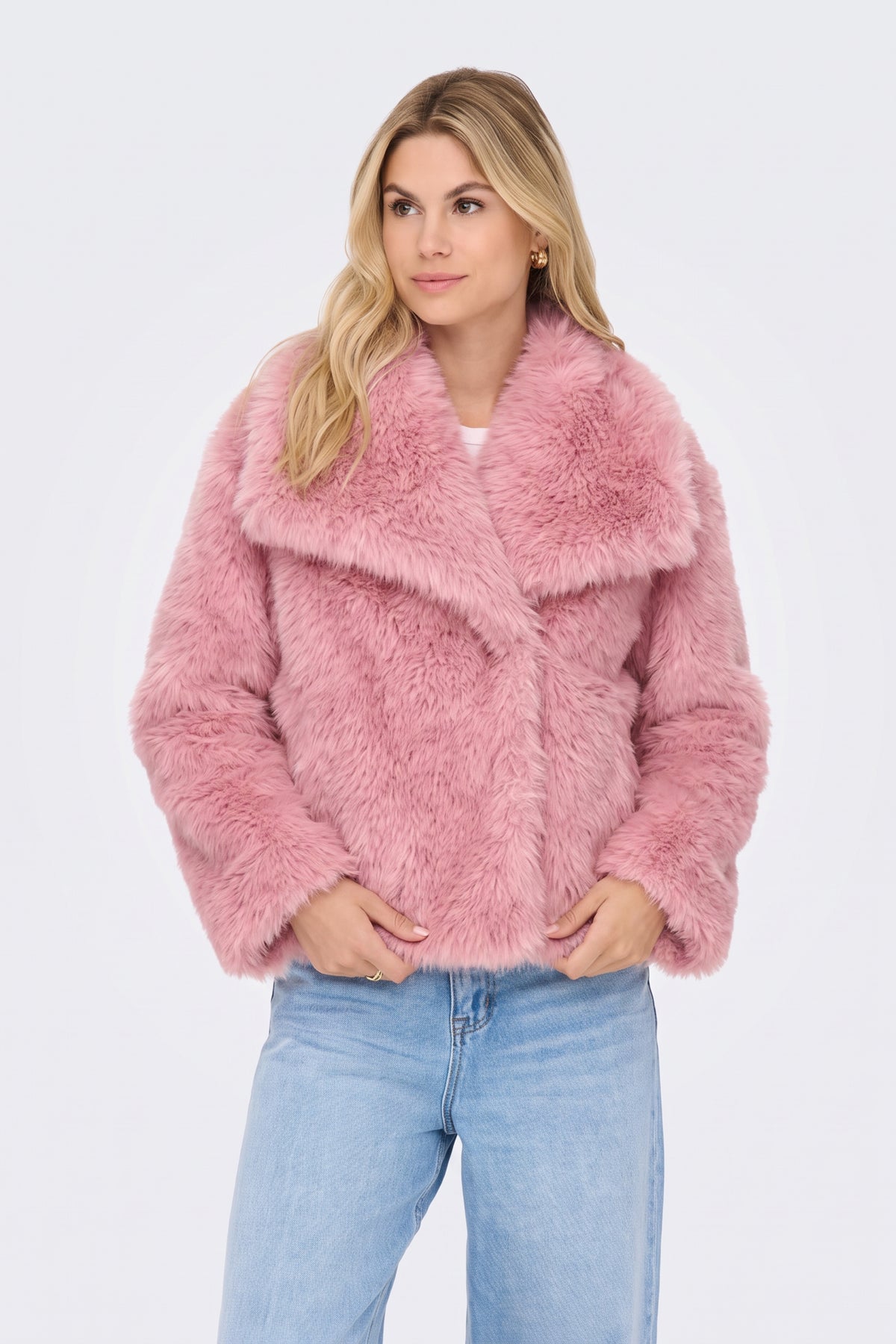 Faux Fur Jacket Pink Cropped Oversized Women