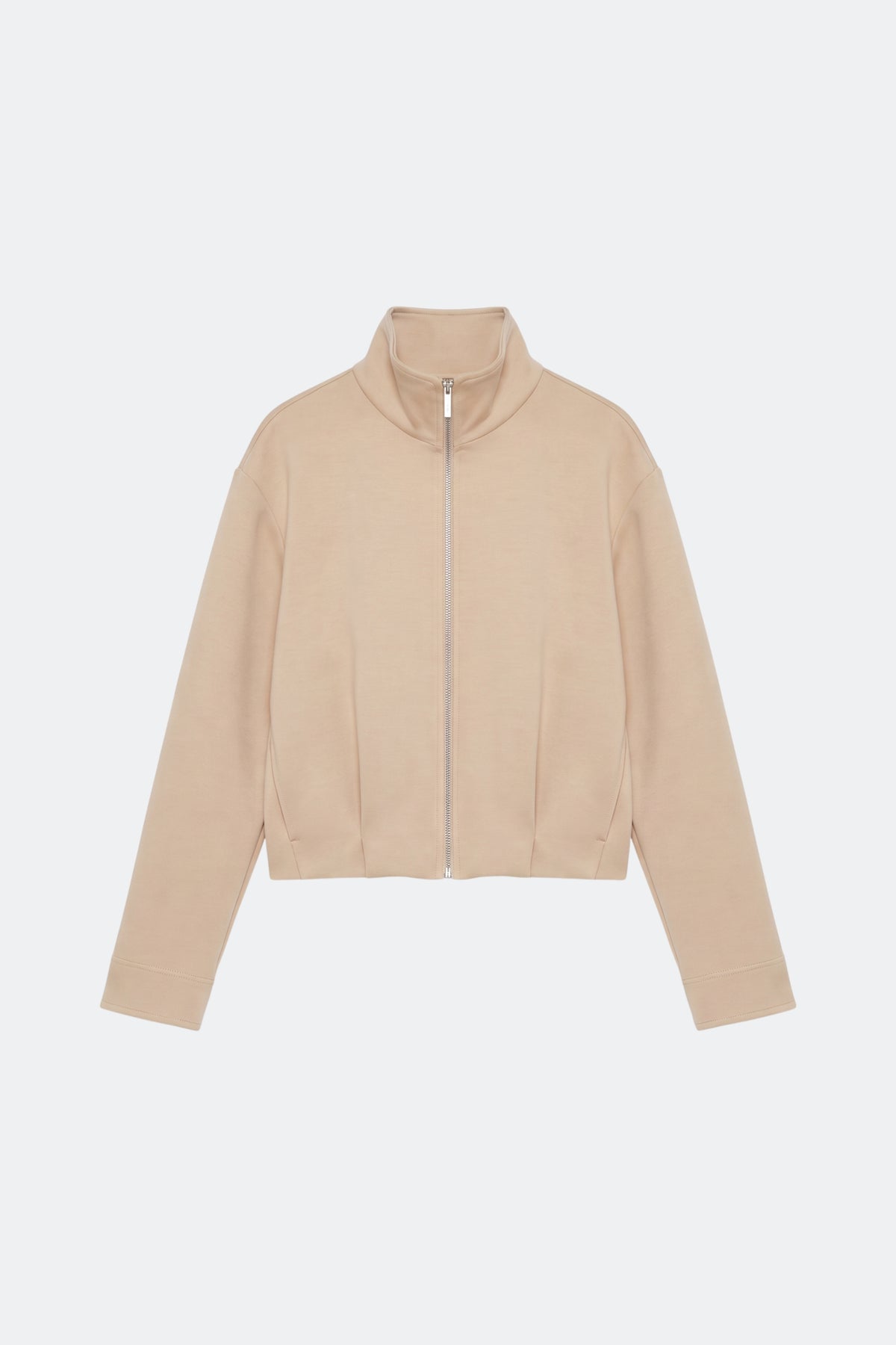Beige Zip Jacket Funnel Neck Cropped, front