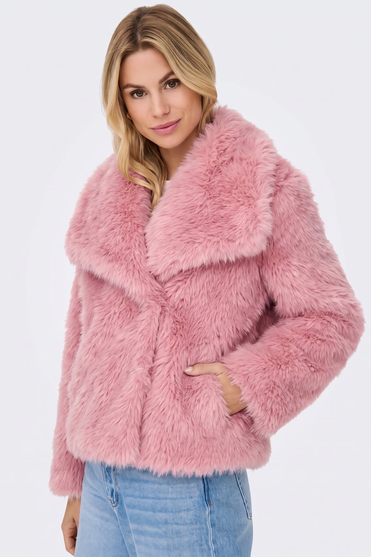 Faux Fur Jacket Pink Cropped Oversized Women