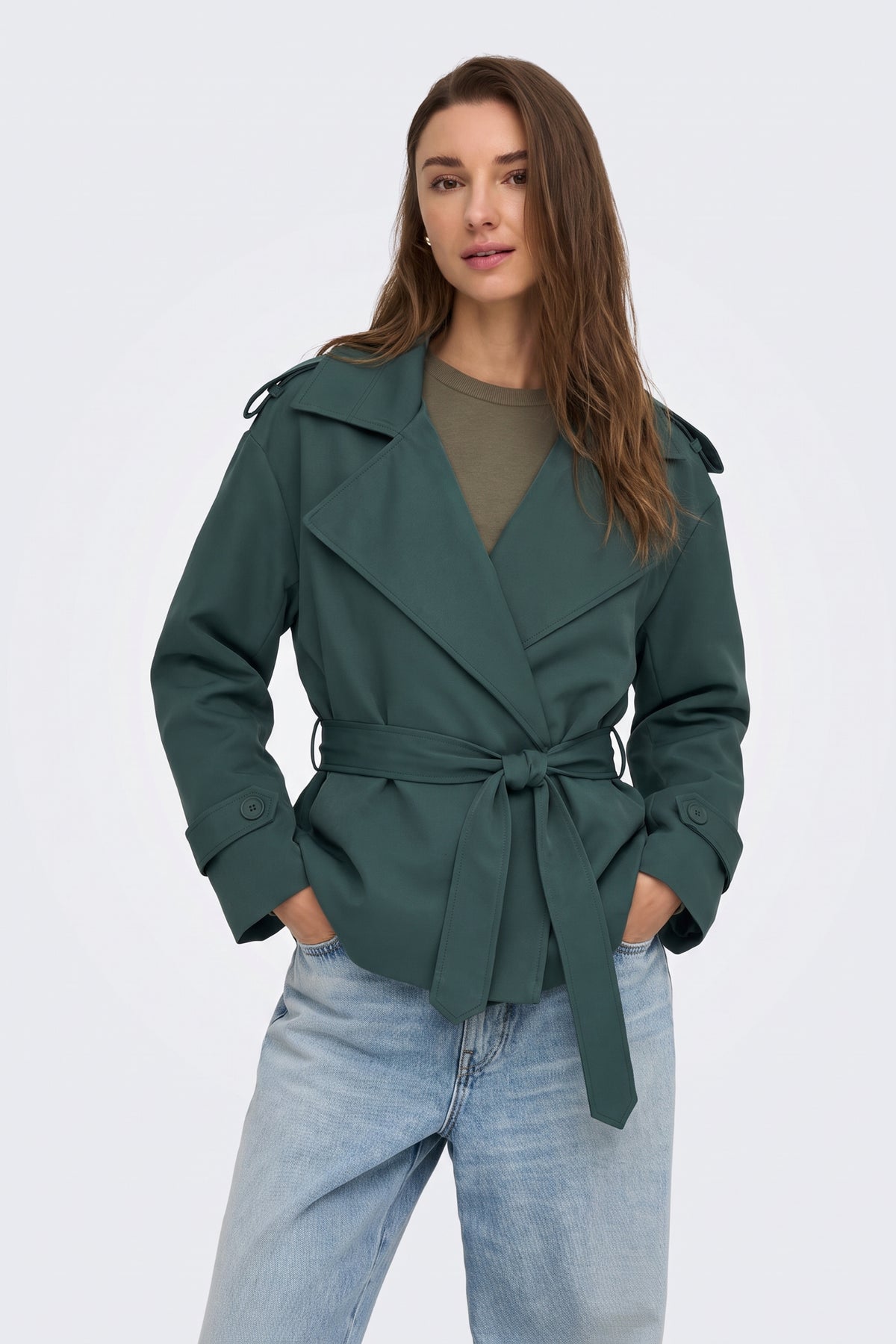 Green wrap trench jacket tied at the waist