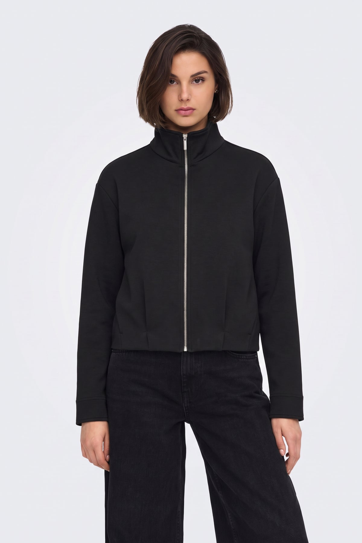 Black Zip Jacket Funnel Neck Cropped on model, front view