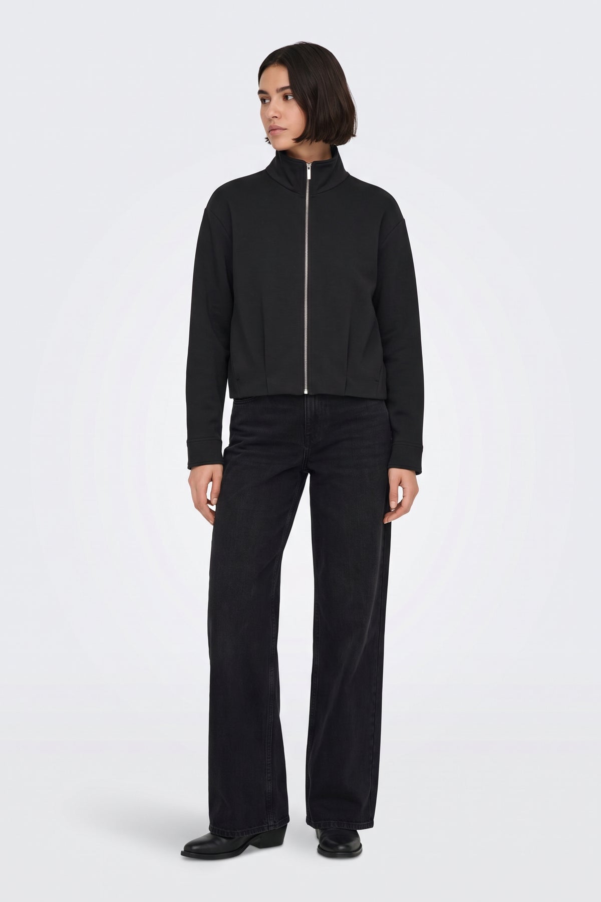 Black Zip Jacket Funnel Neck Cropped side view on model