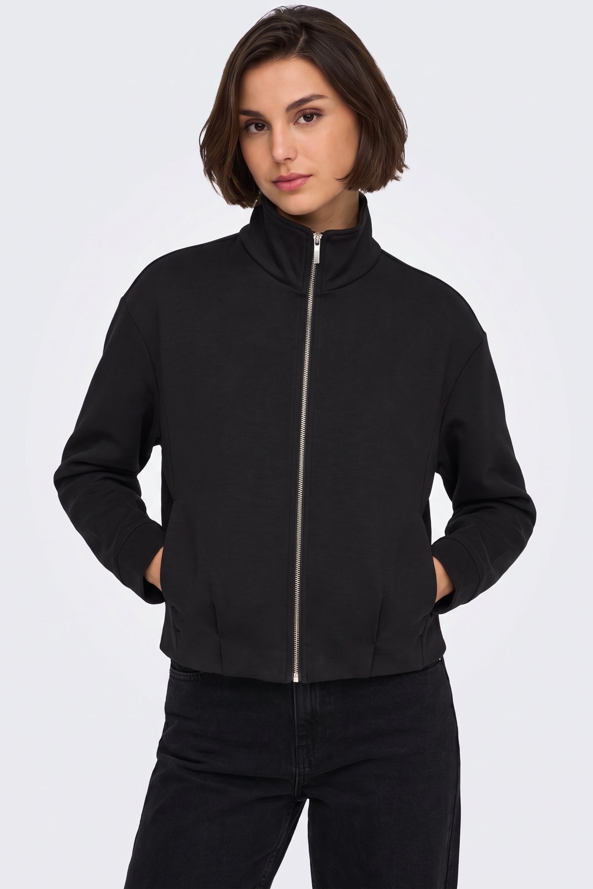 Black Zip Jacket Funnel Neck Cropped worn on model