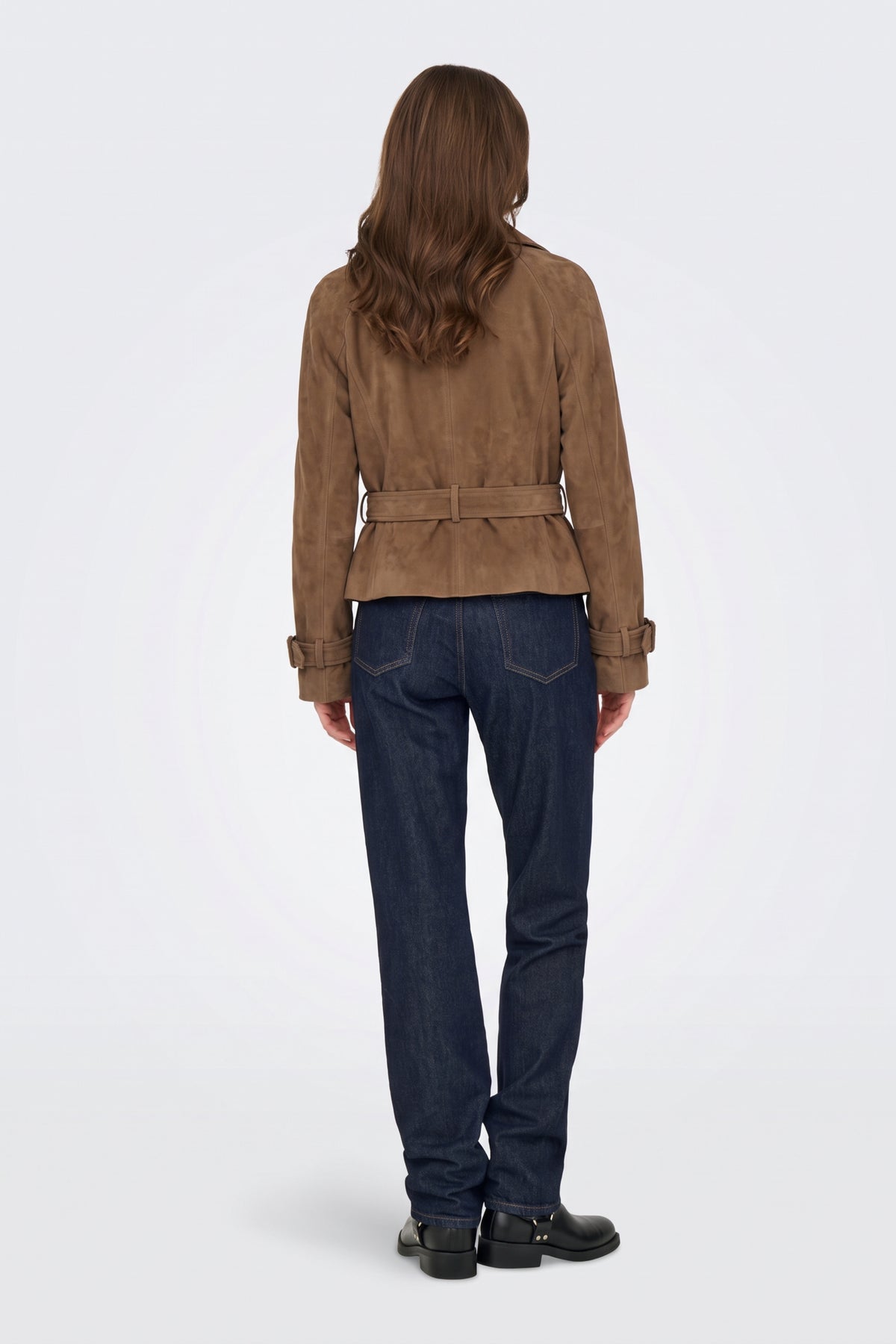 Faux Suede Jacket Tan Belted Double Breasted, back