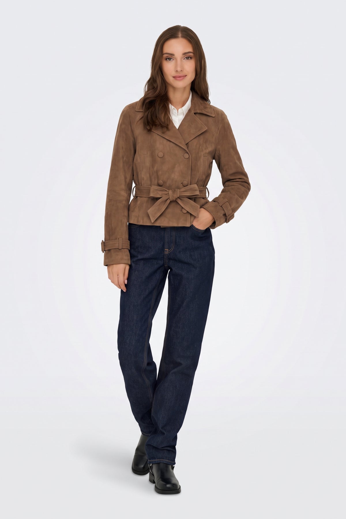 Faux Suede Jacket Tan Belted Double Breasted full length on model