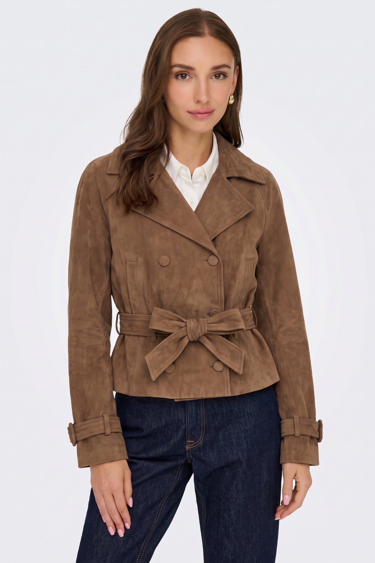 Faux Suede Jacket Tan Belted Double Breasted worn on model