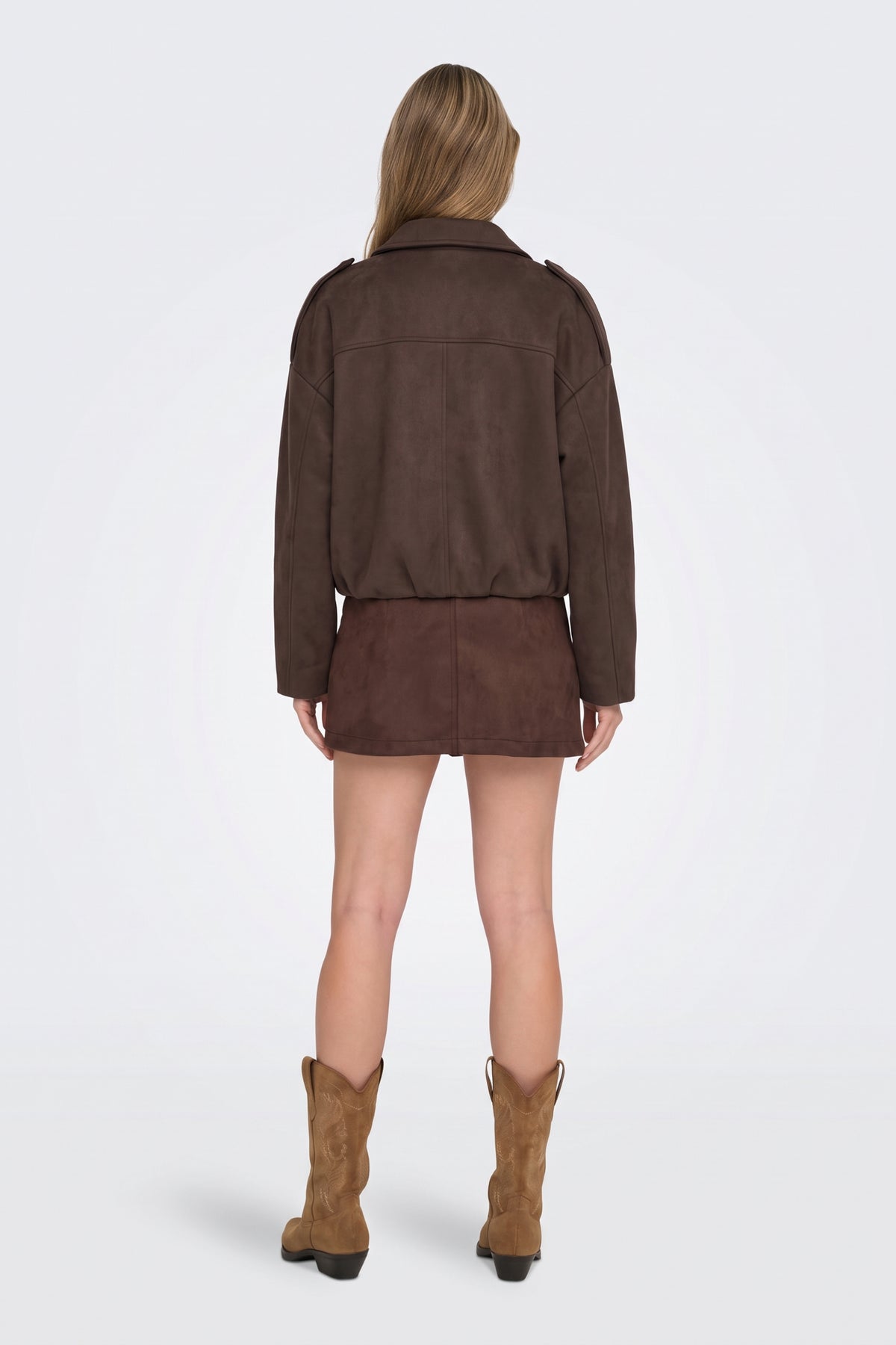 Faux Suede Jacket Brown Collar Bomber, back