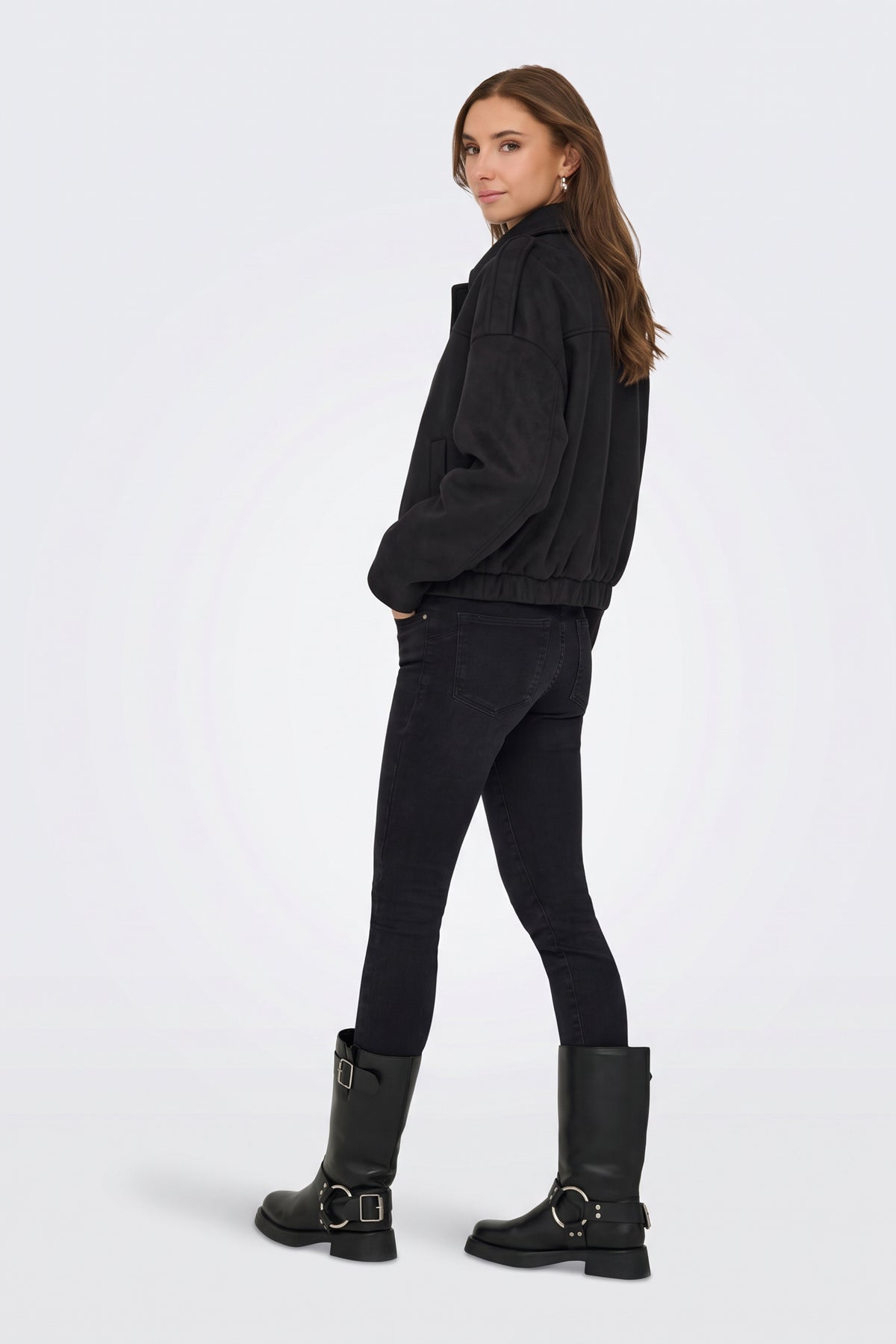 Faux Suede Jacket Black Collar Bomber, back