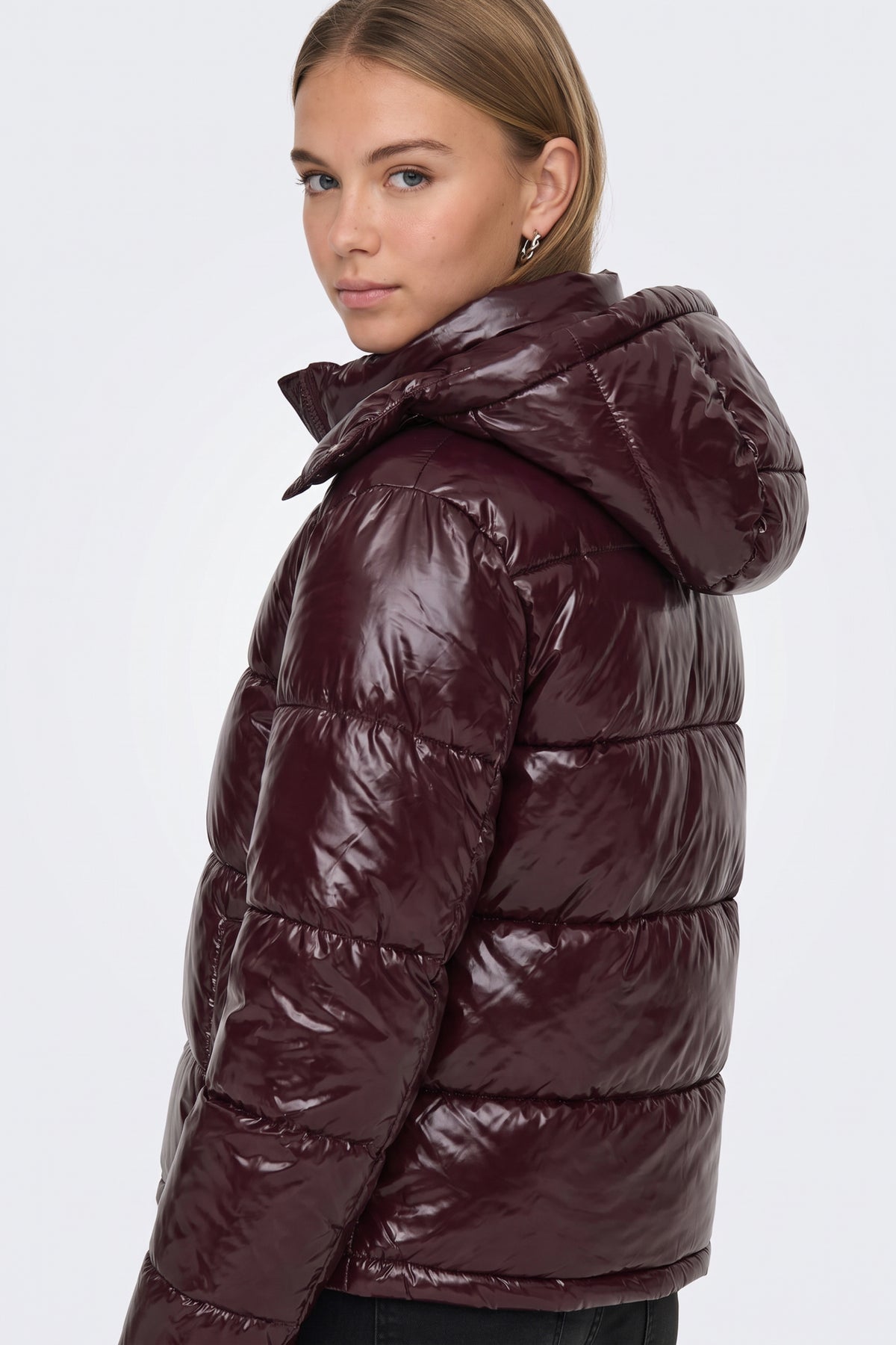 Black Puffer Jacket Shiny Hooded Short Women