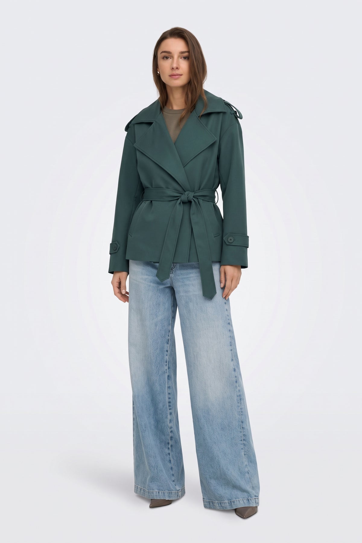 Green short trench jacket full length on model