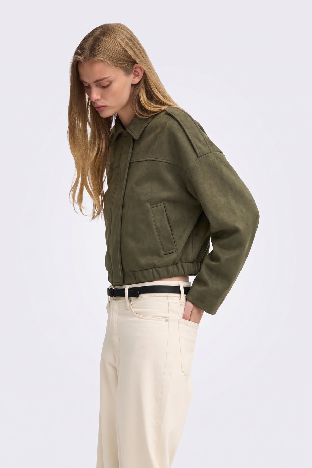 Faux Suede Jacket Khaki Collar Bomber on model, front view