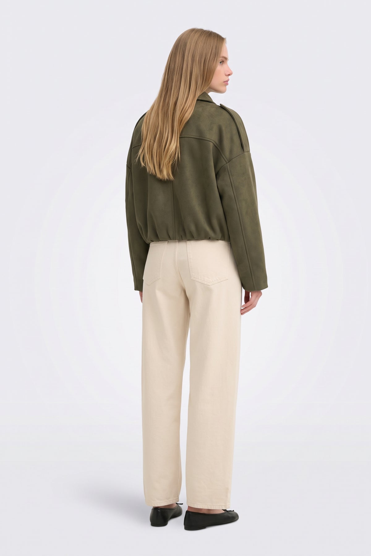 Faux Suede Jacket Khaki Collar Bomber, back