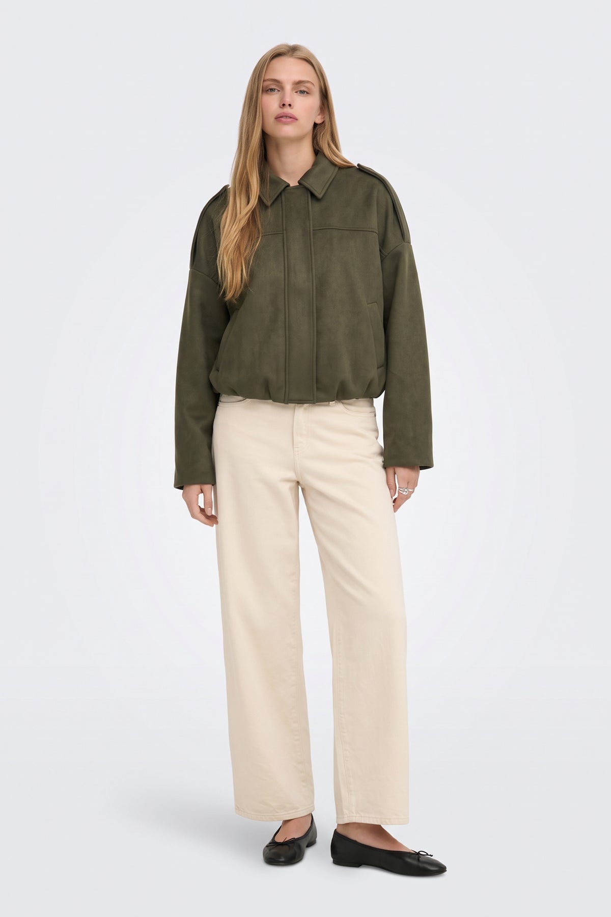 Faux Suede Jacket Khaki Collar Bomber full length on model