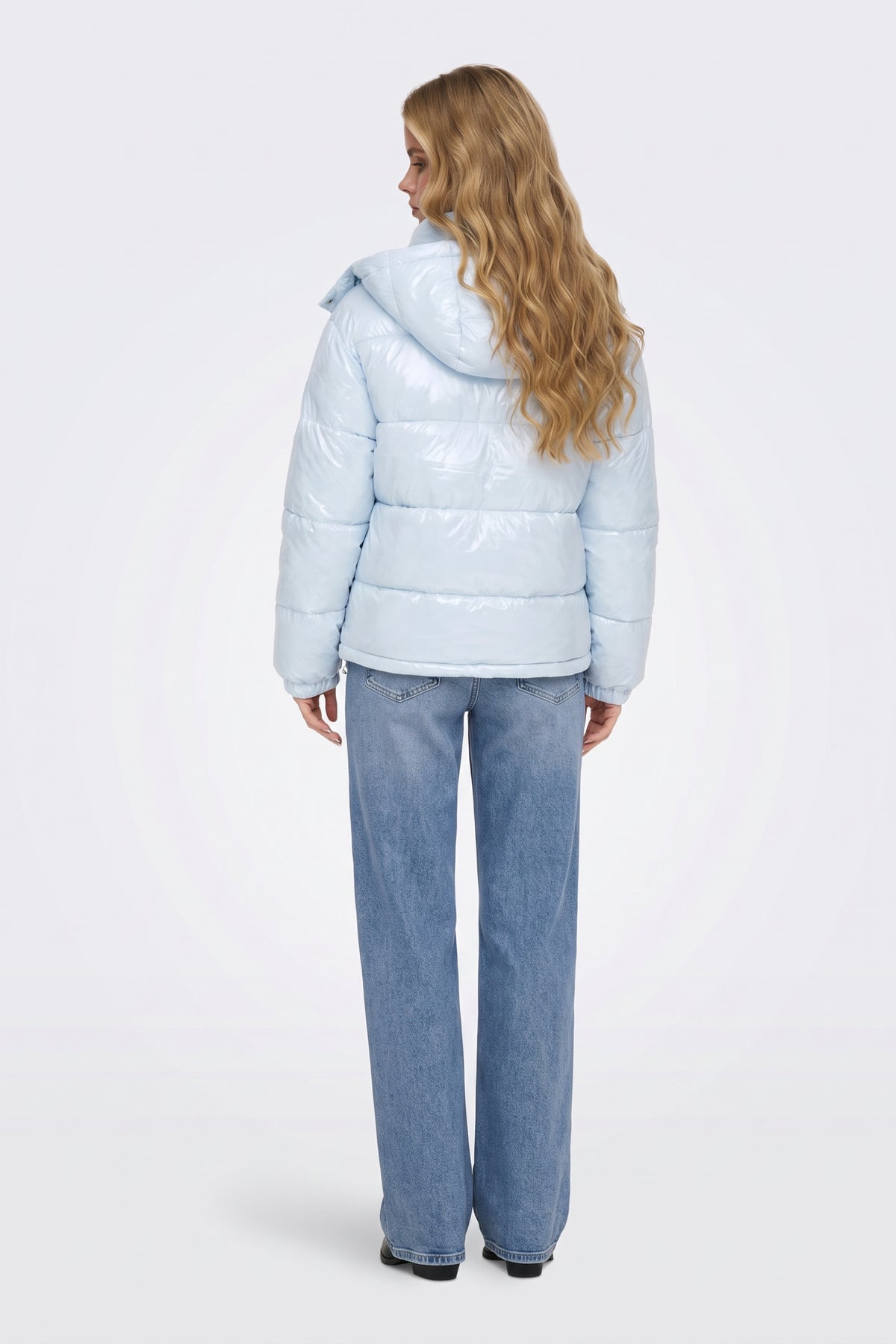 Light Blue Puffer Jacket Shiny Hooded Short Women