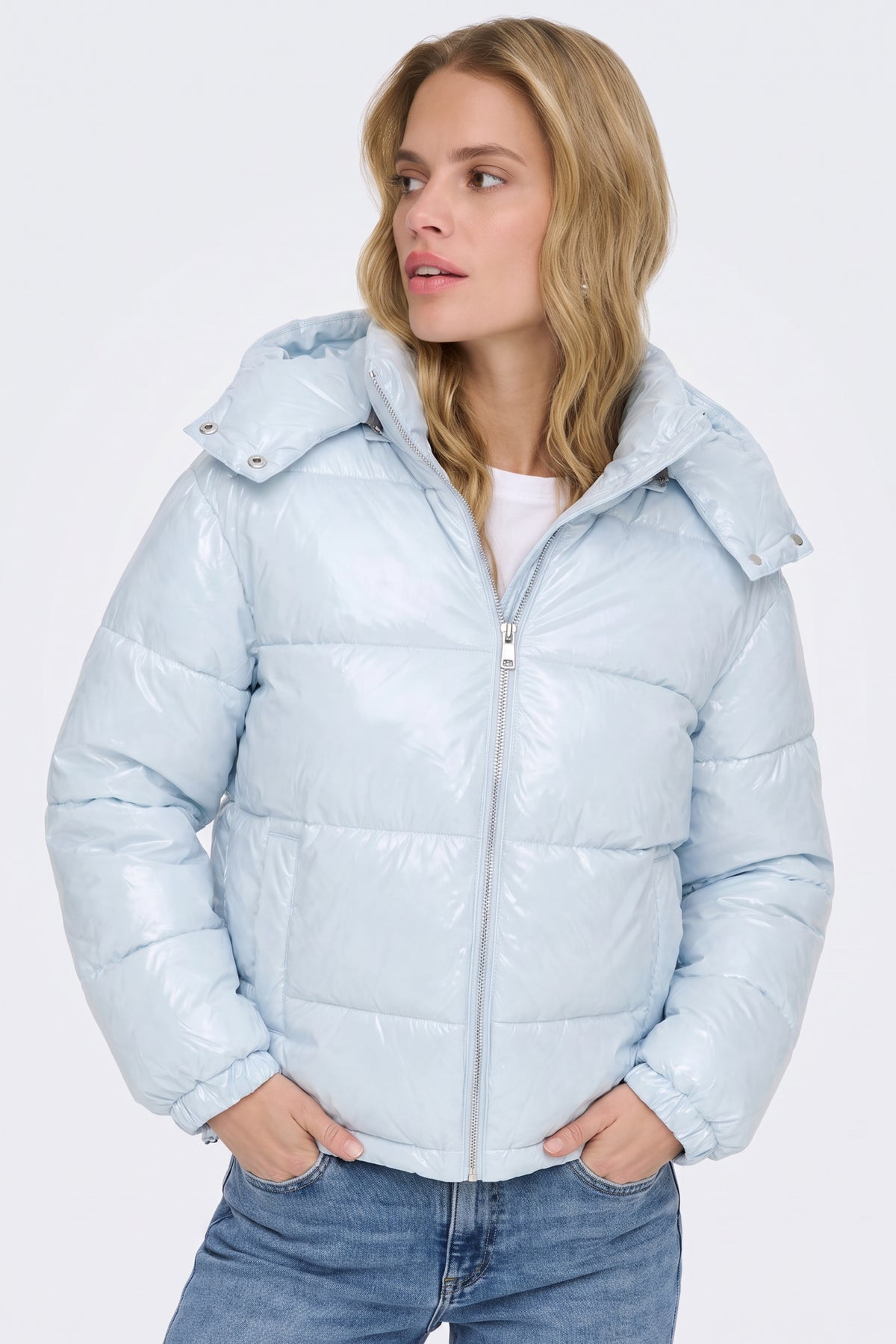 Light Blue Puffer Jacket Shiny Hooded Short Women