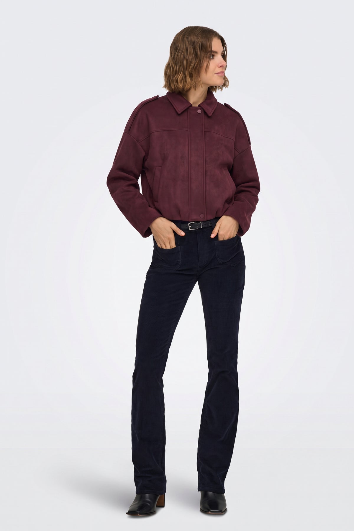 Faux Suede Jacket Burgundy Collar Bomber full length on model