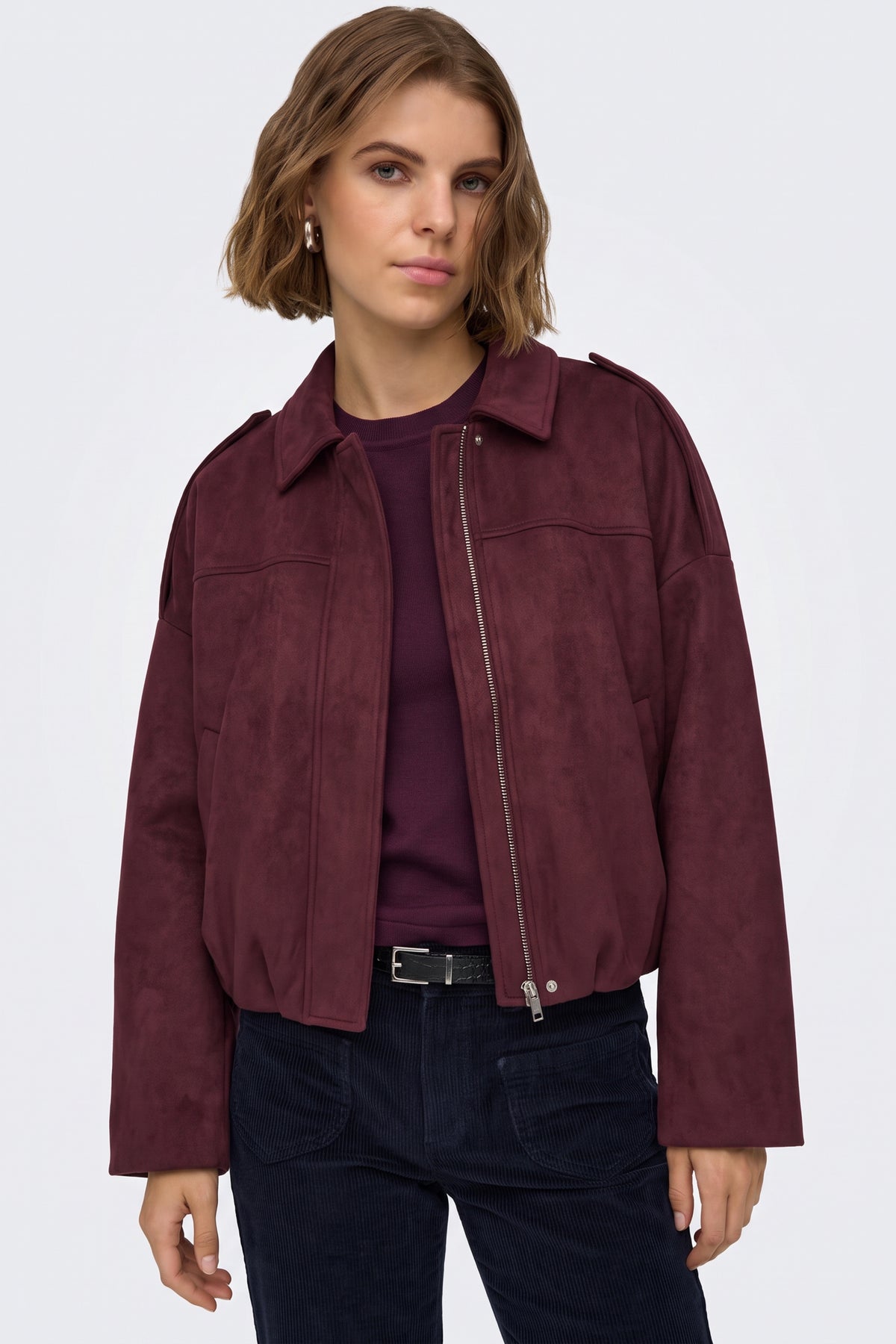 Faux Suede Jacket Burgundy Collar Bomber worn on model