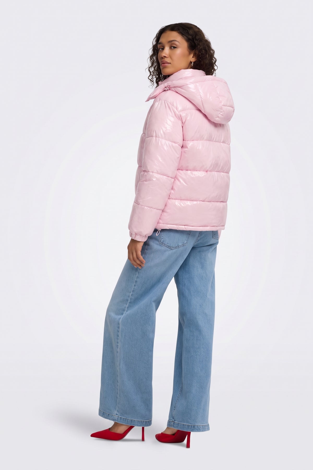 Pink Puffer Jacket Shiny Hooded Short Women