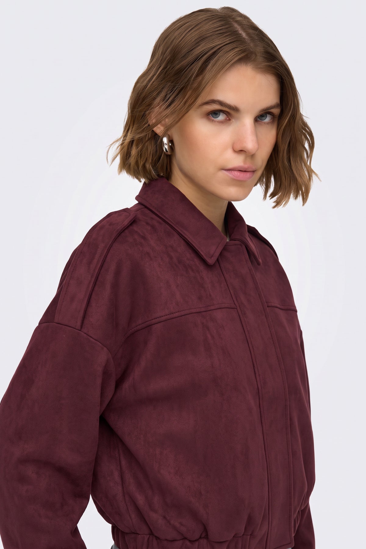 Faux Suede Jacket Burgundy Collar Bomber fabric and fastening detail