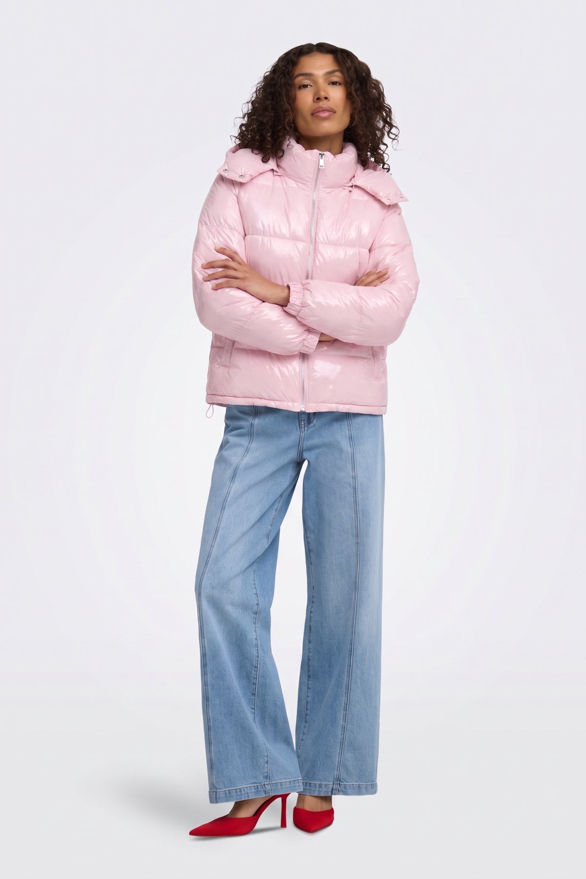 Pink Puffer Jacket Shiny Hooded Short Women